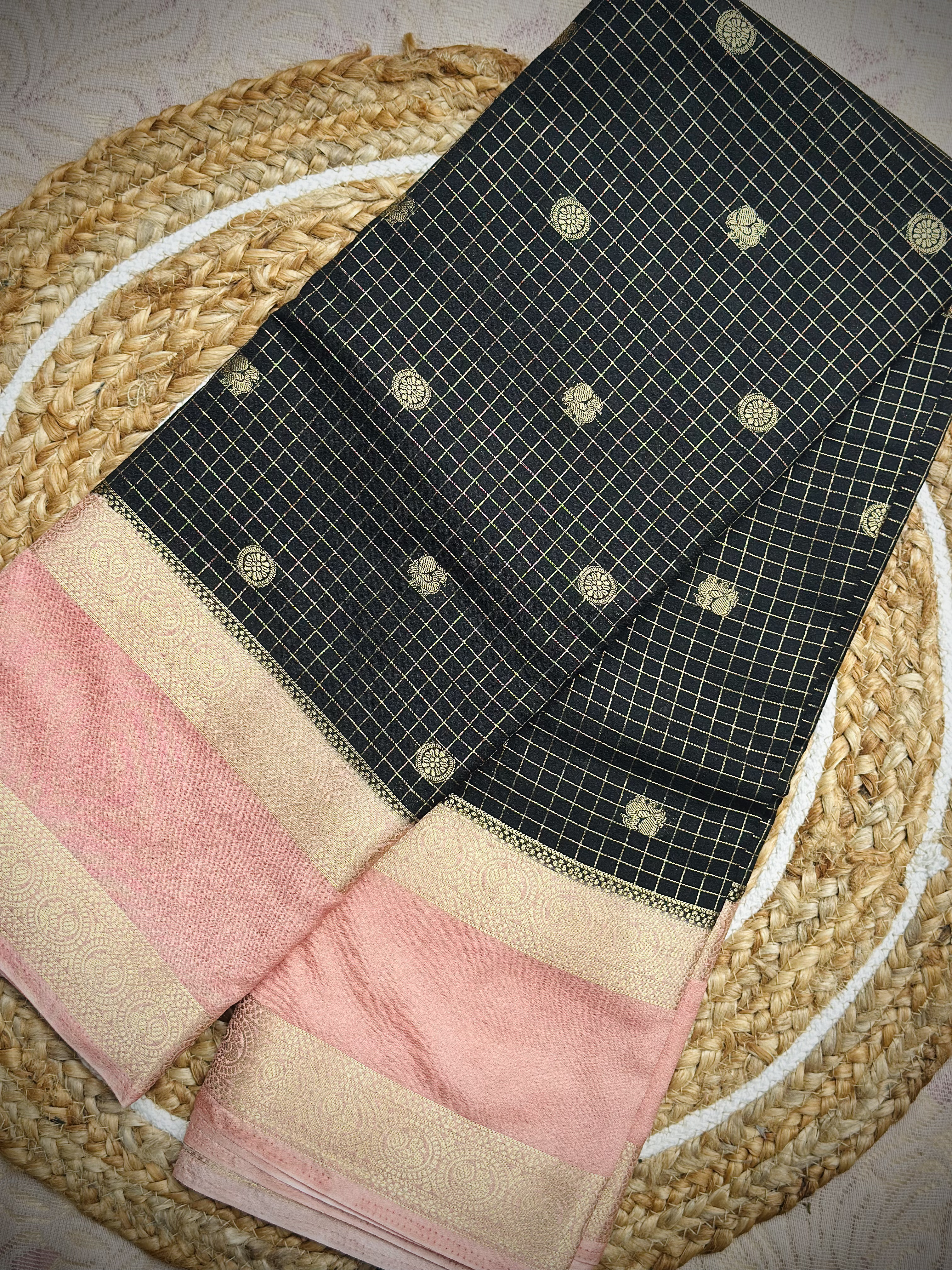 Black Berry – Premium Semi Mysore Silk Saree | Black with Peach Border