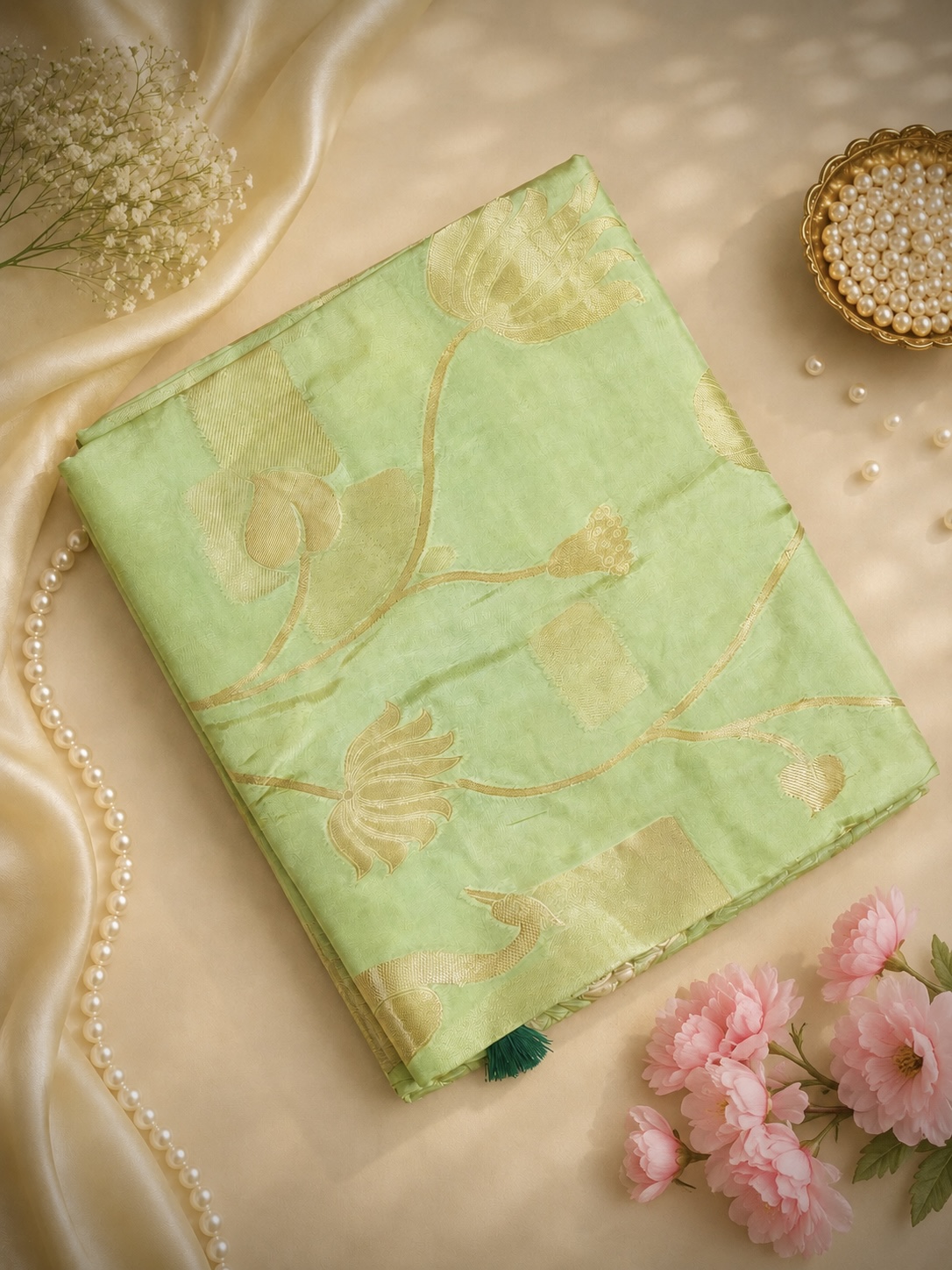 Kendra Silks – Premium Pista Green Viscose Saree with Elegant Golden Border