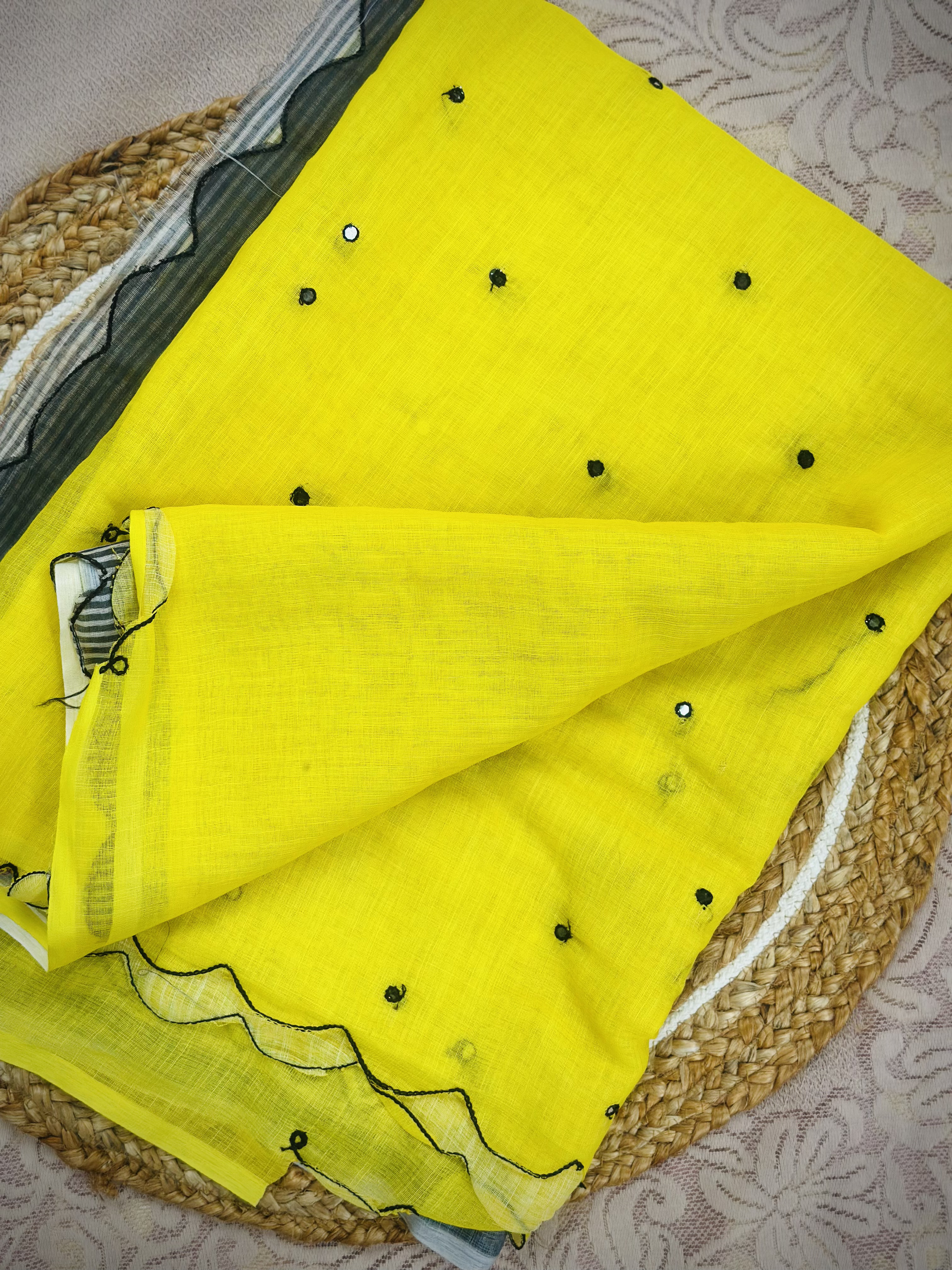 Tridha – Premium Soft Linen Saree | Lemon Yellow with Black Border