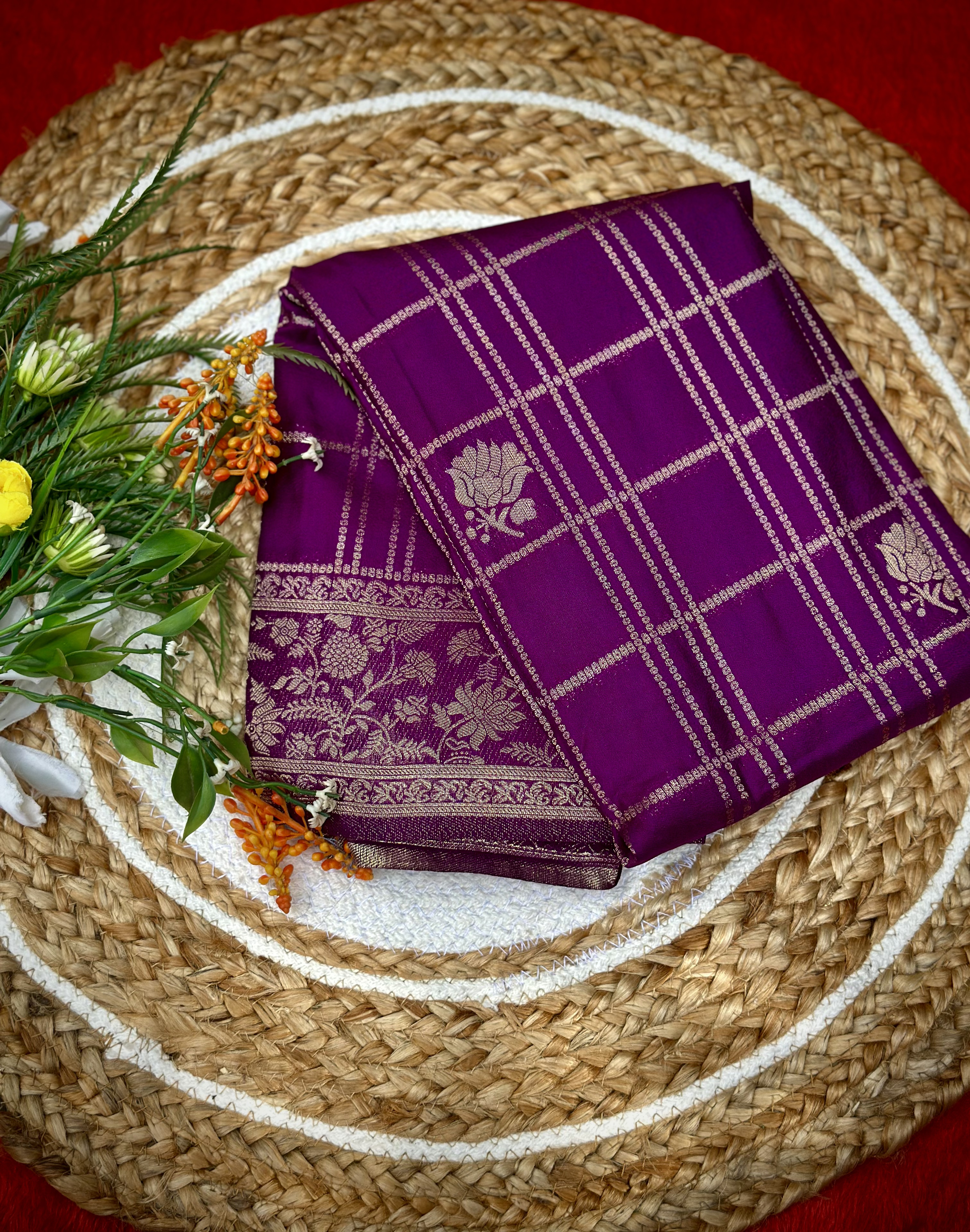 Tridha Silk – Premium Dark Purple Georgette Saree with Golden Checks