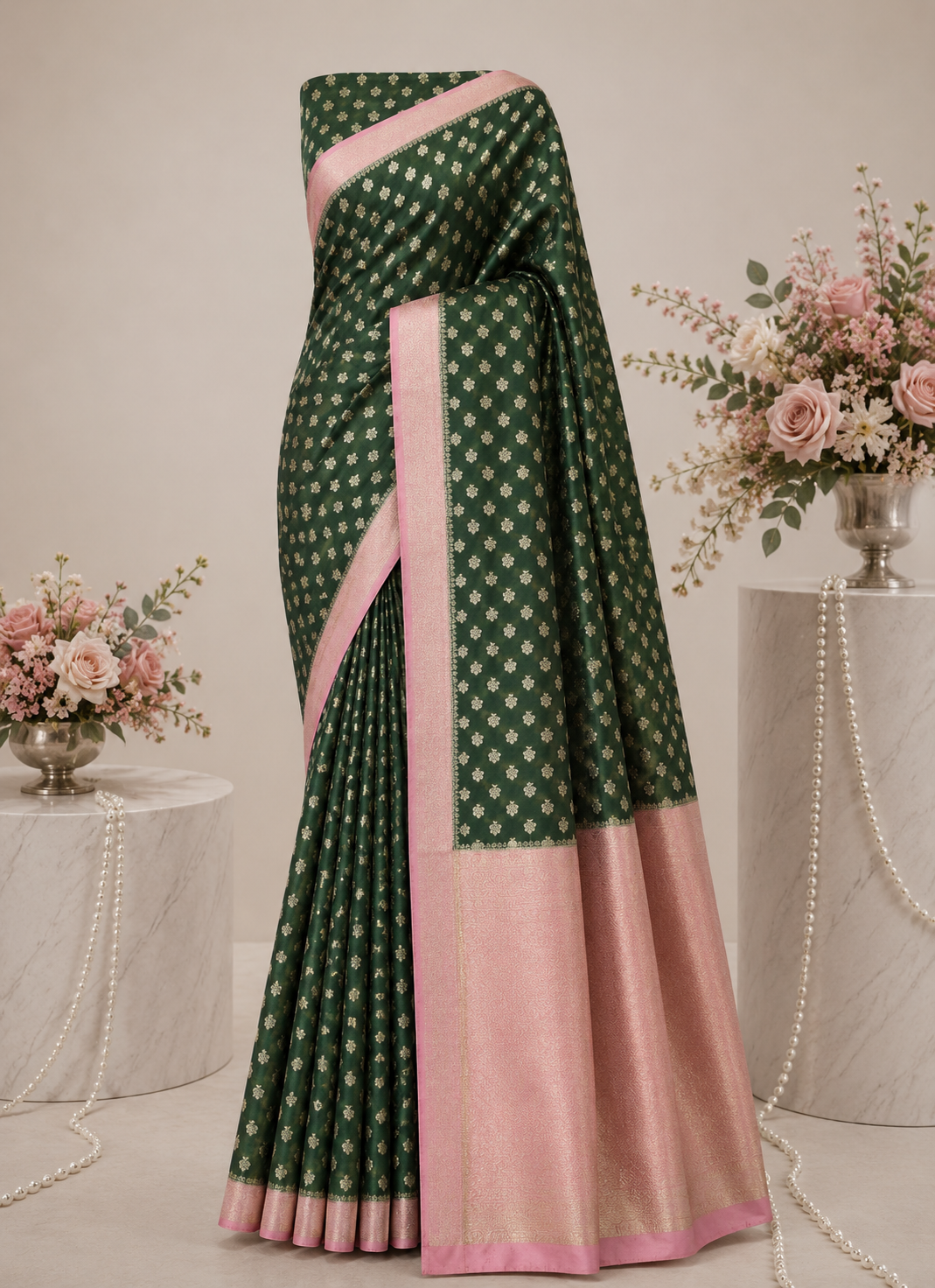 Kadi Georgette – Premium Bottle Green Saree with Baby Pink Border