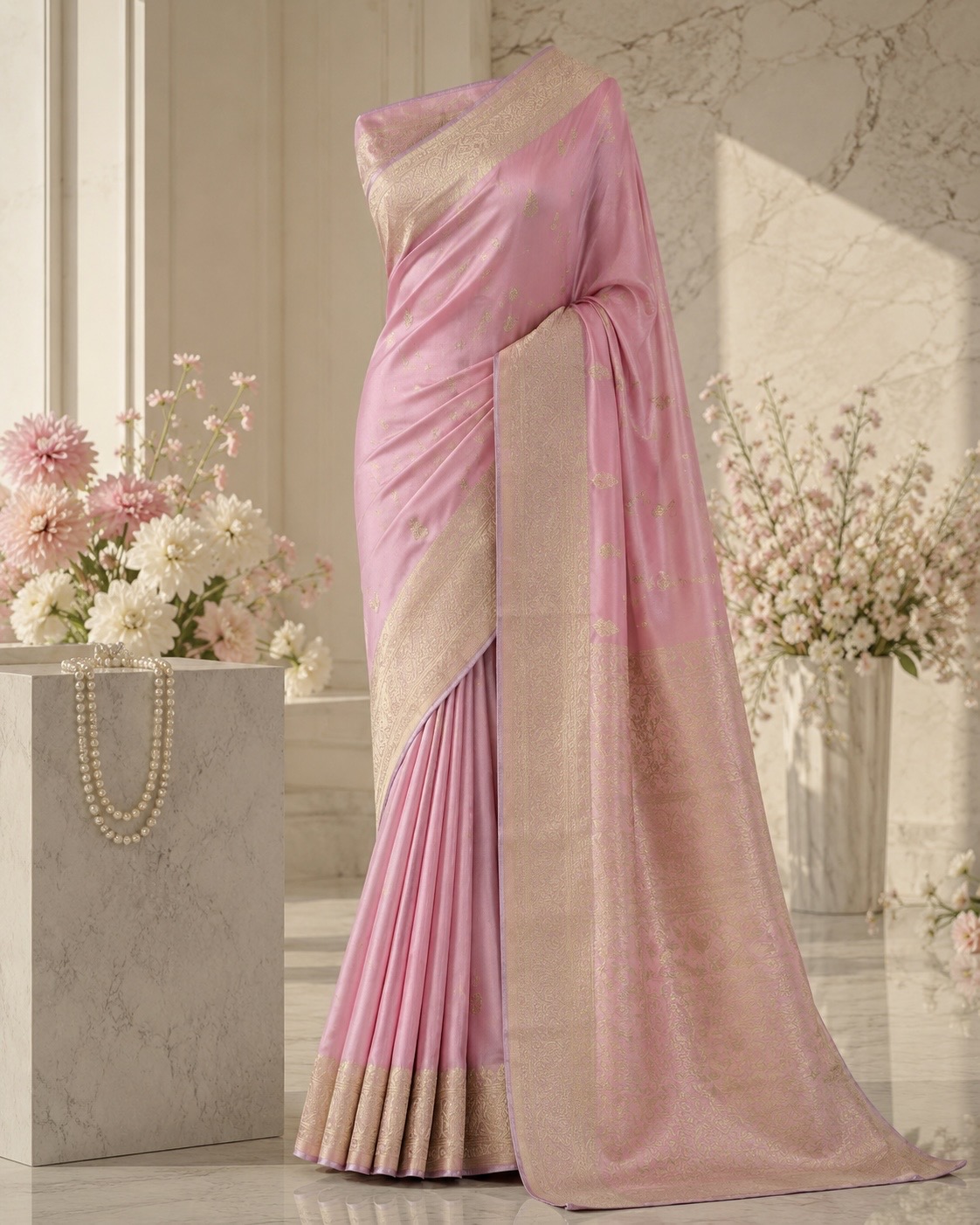 Vijaya Silks – Baby Pink Russian Crepe Saree with Golden Zari