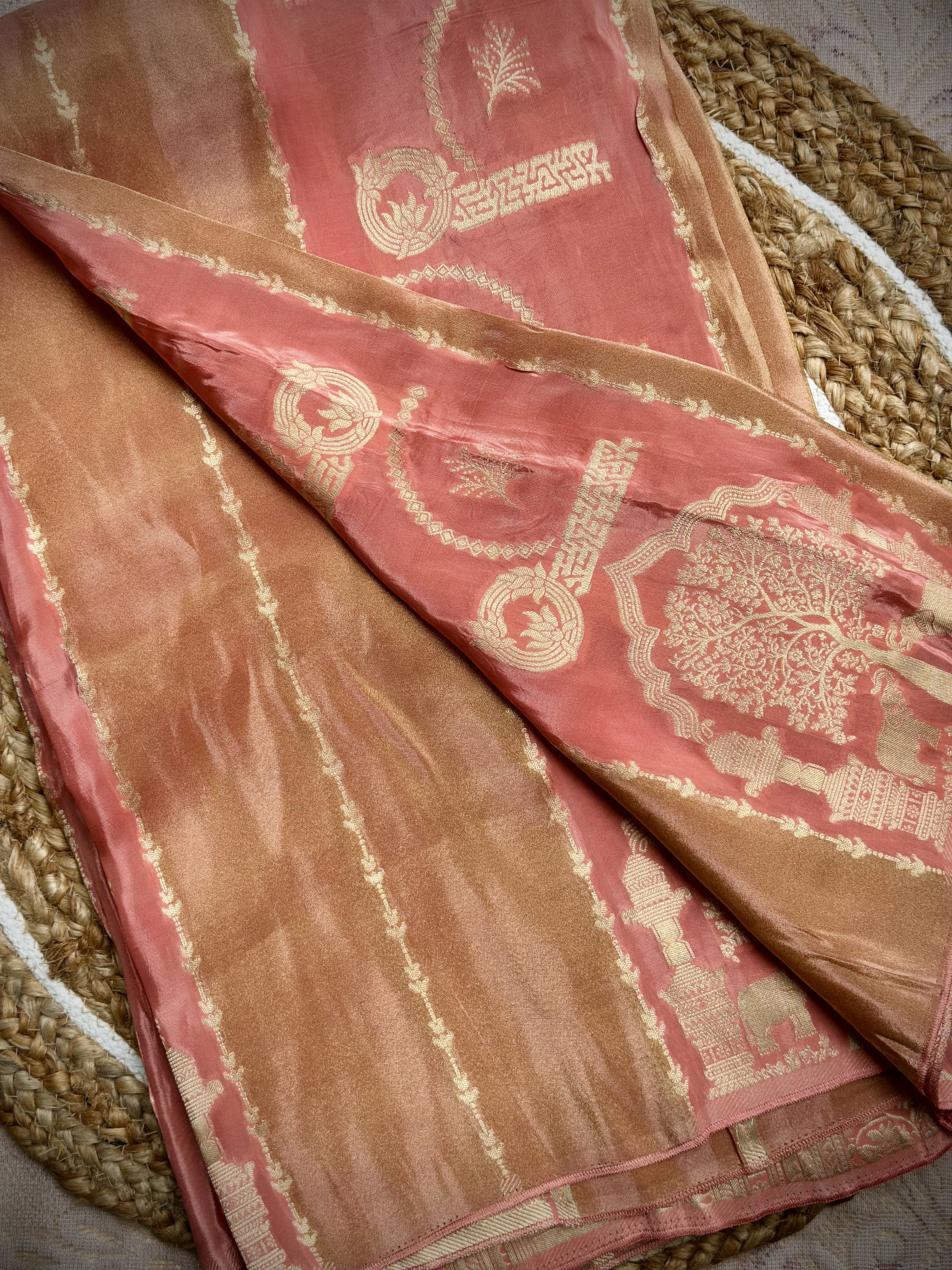 Tridha Silk – Premium Organza Saree | Peach Pink with Golden Zari