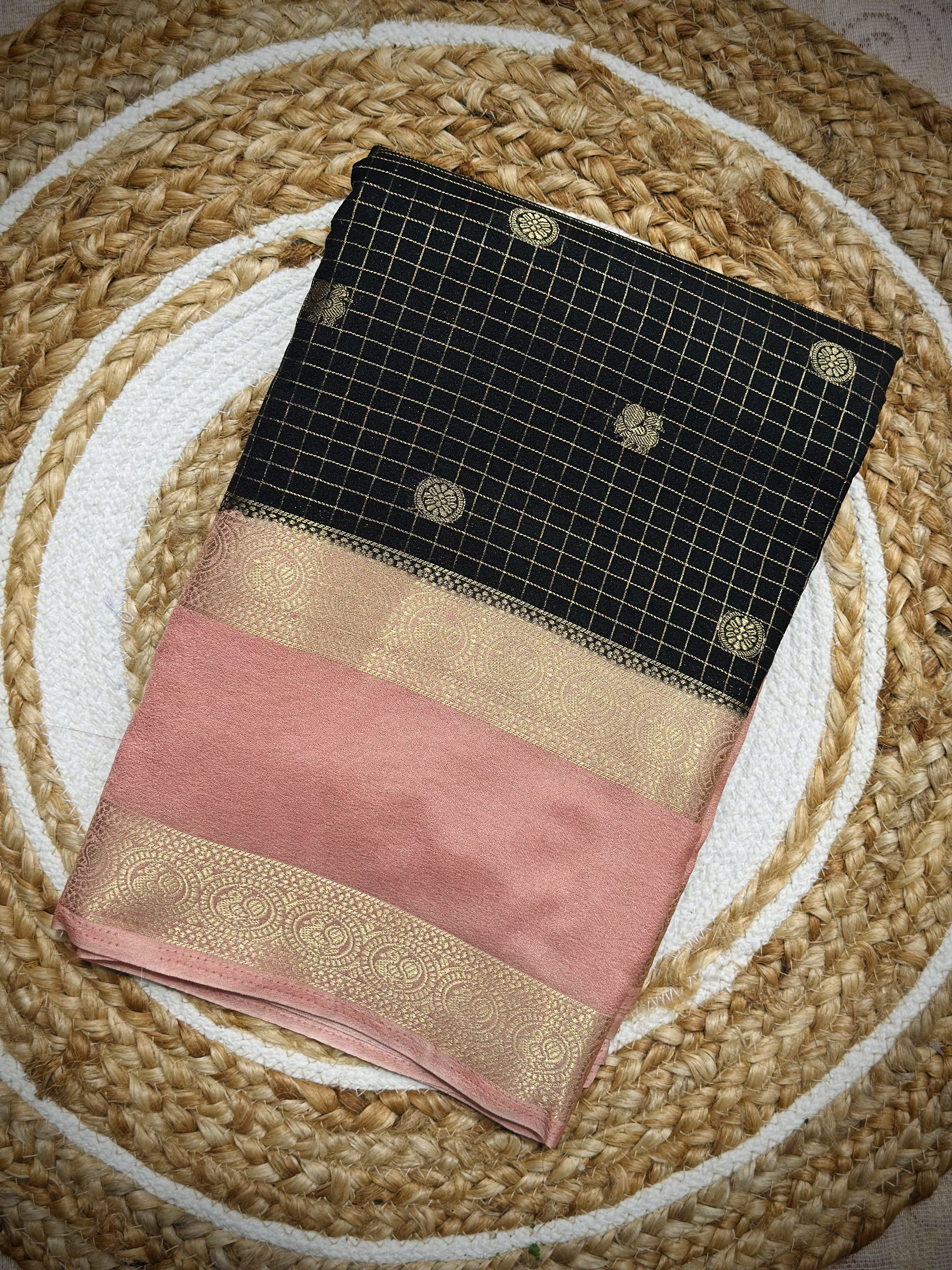 Black Berry – Premium Semi Mysore Silk Saree | Black with Peach Border