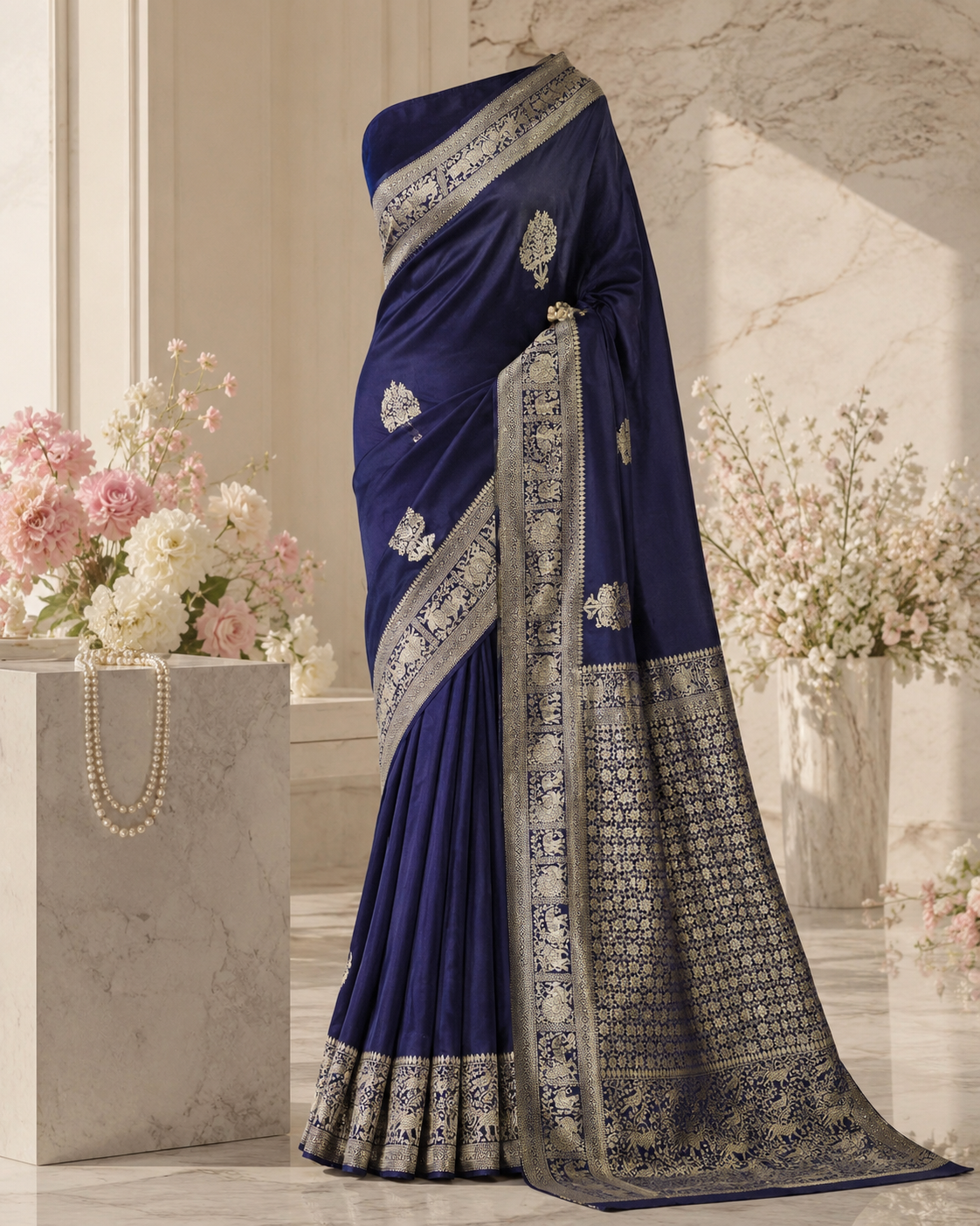 Vijaya Silks – Premium Navy Blue Russian Crepe Saree with Golden Zari Border