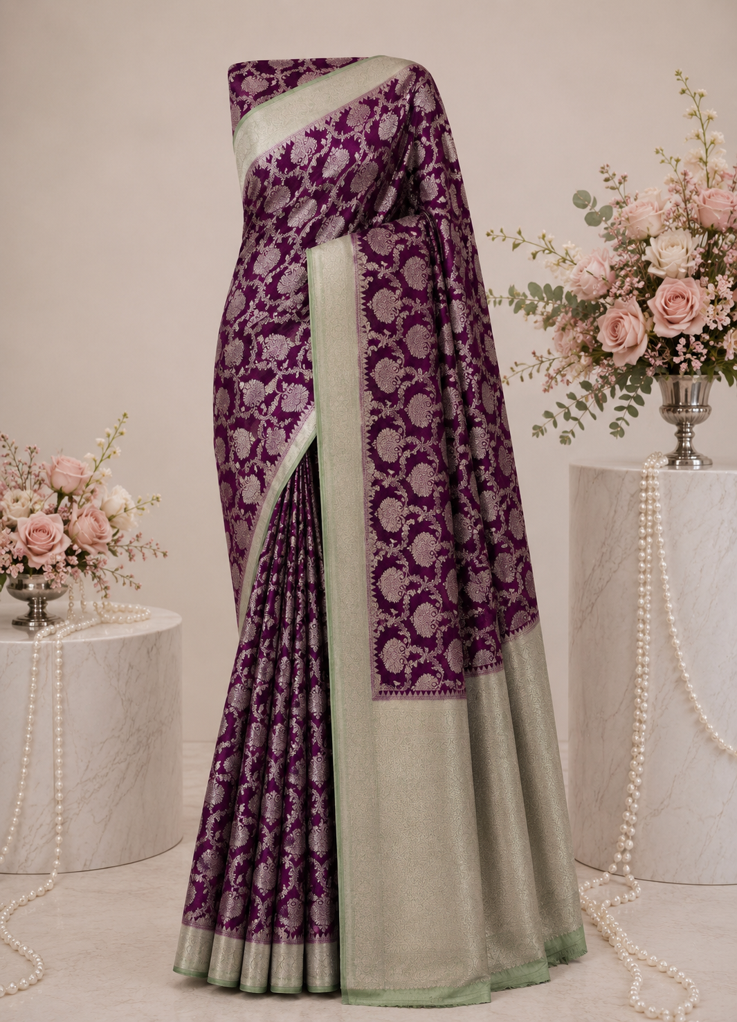 Kadi Georgette – Premium Purple Saree with Pista Green Border