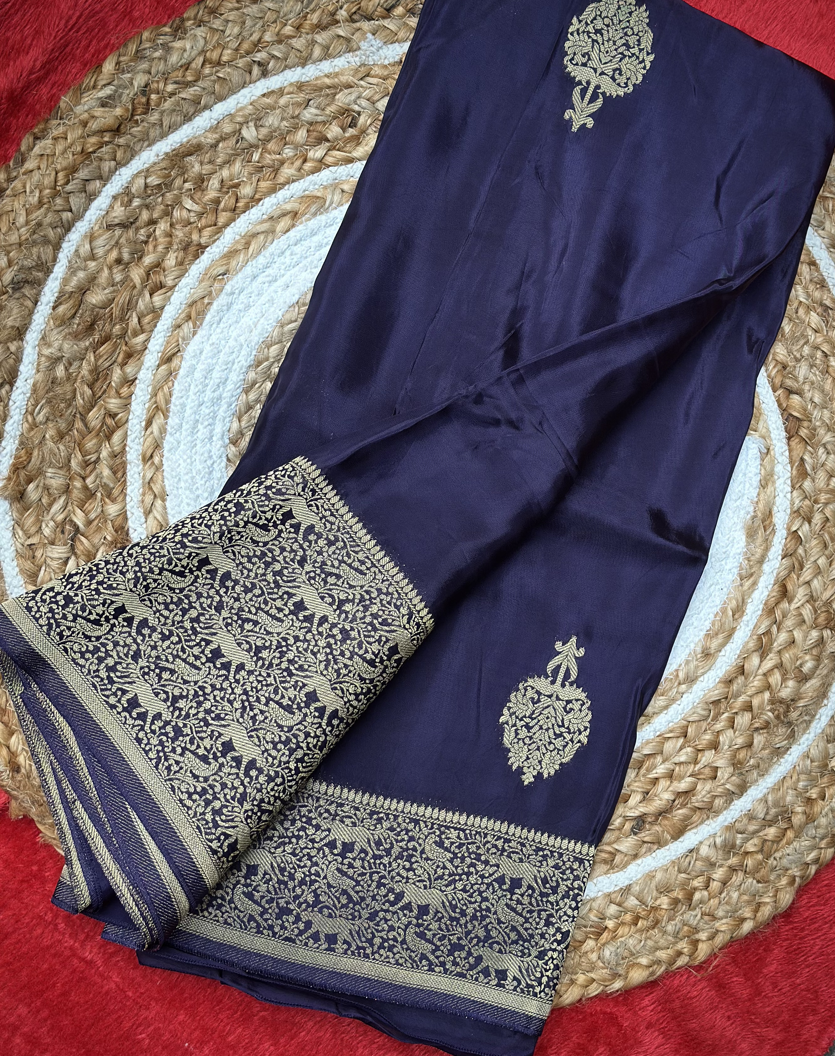 Vijaya Silks – Premium Navy Blue Russian Crepe Saree with Golden Zari Border