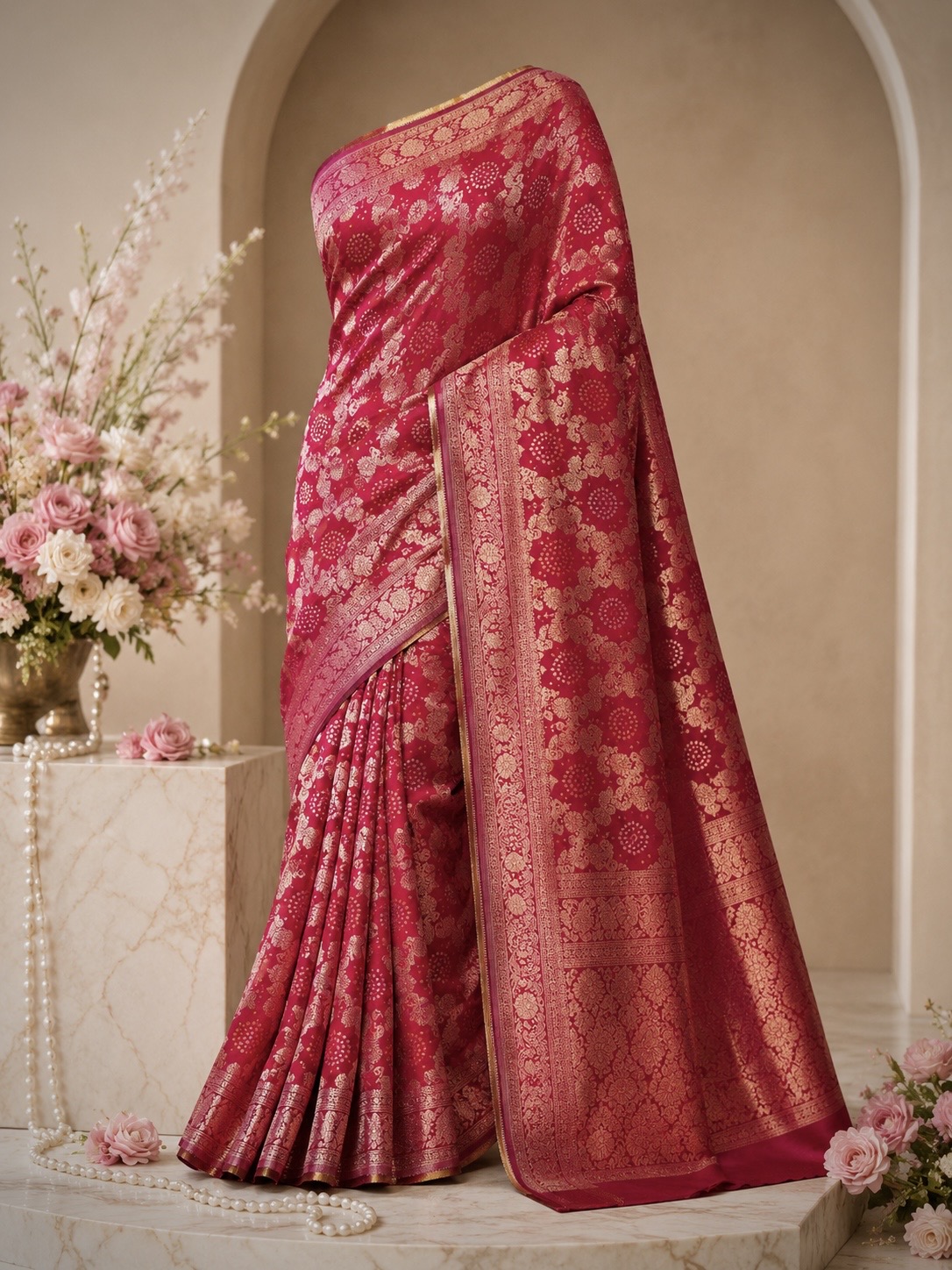 Kashish Silk – Rani Pink Banarasi Georgette Saree