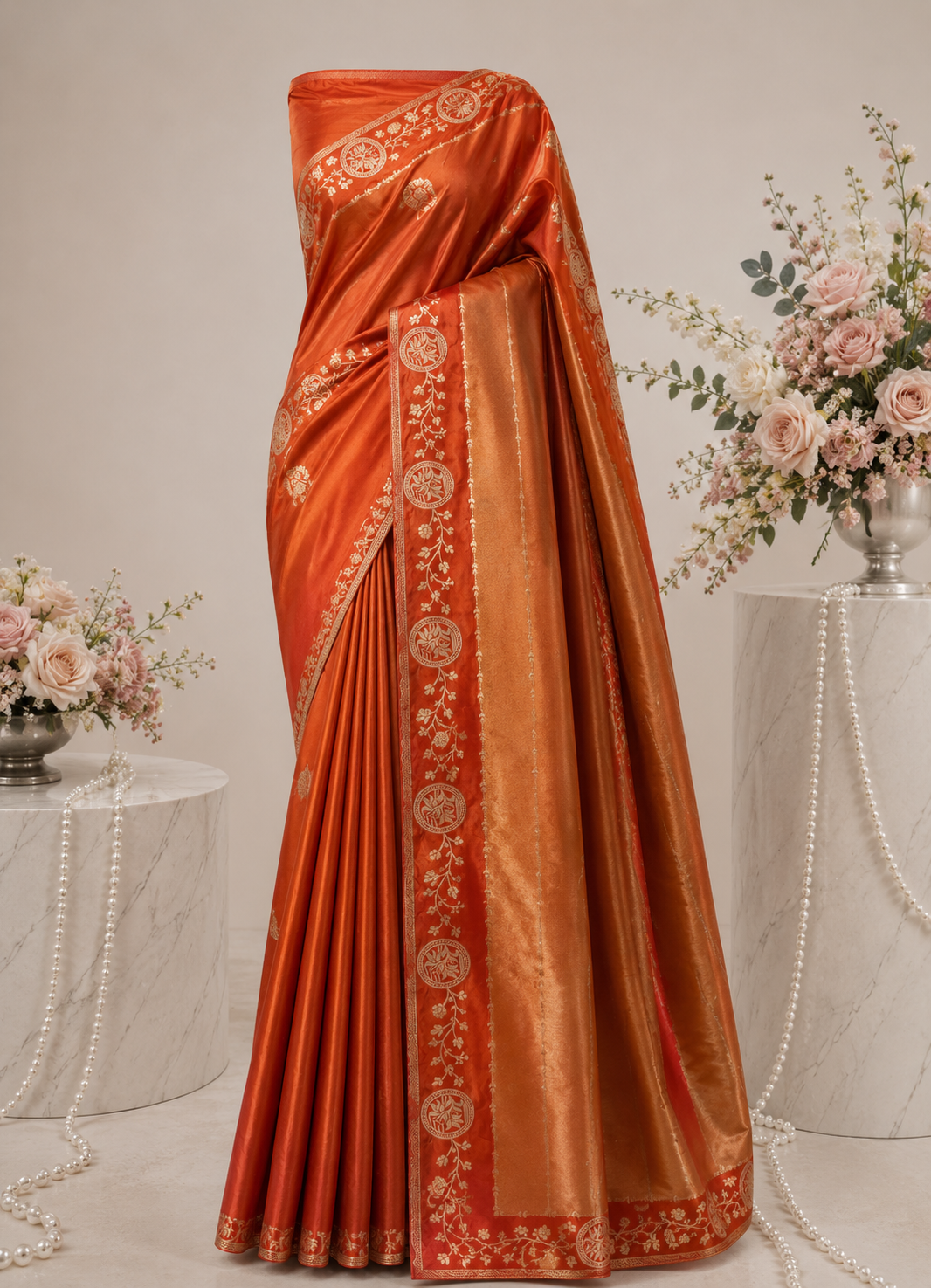 Kashish Silk – Premium Rust Orange Organza Saree with Golden Woven Border