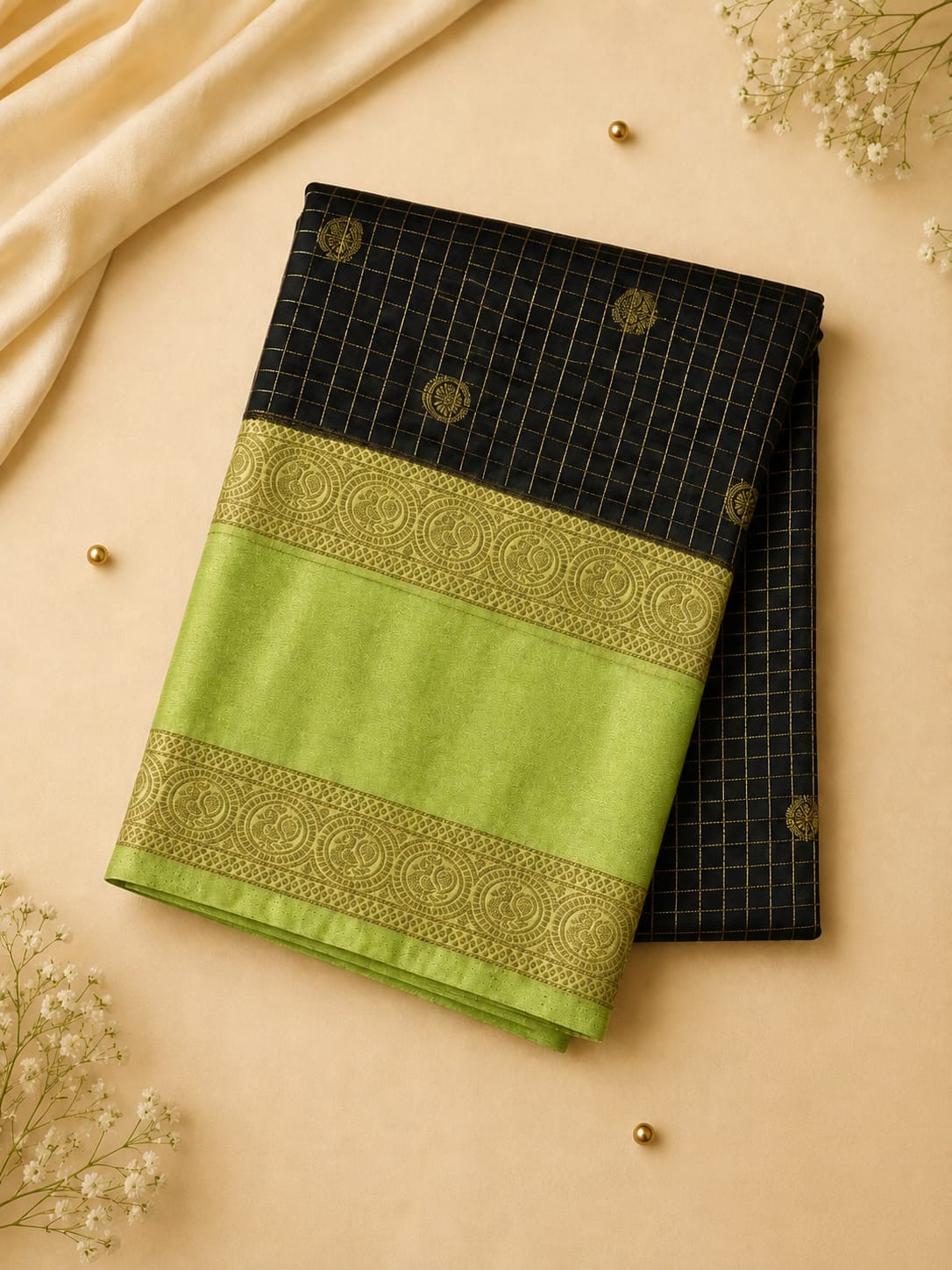 Black Berry Silk – Premium Black Semi Crepe Saree with Pista Green Border