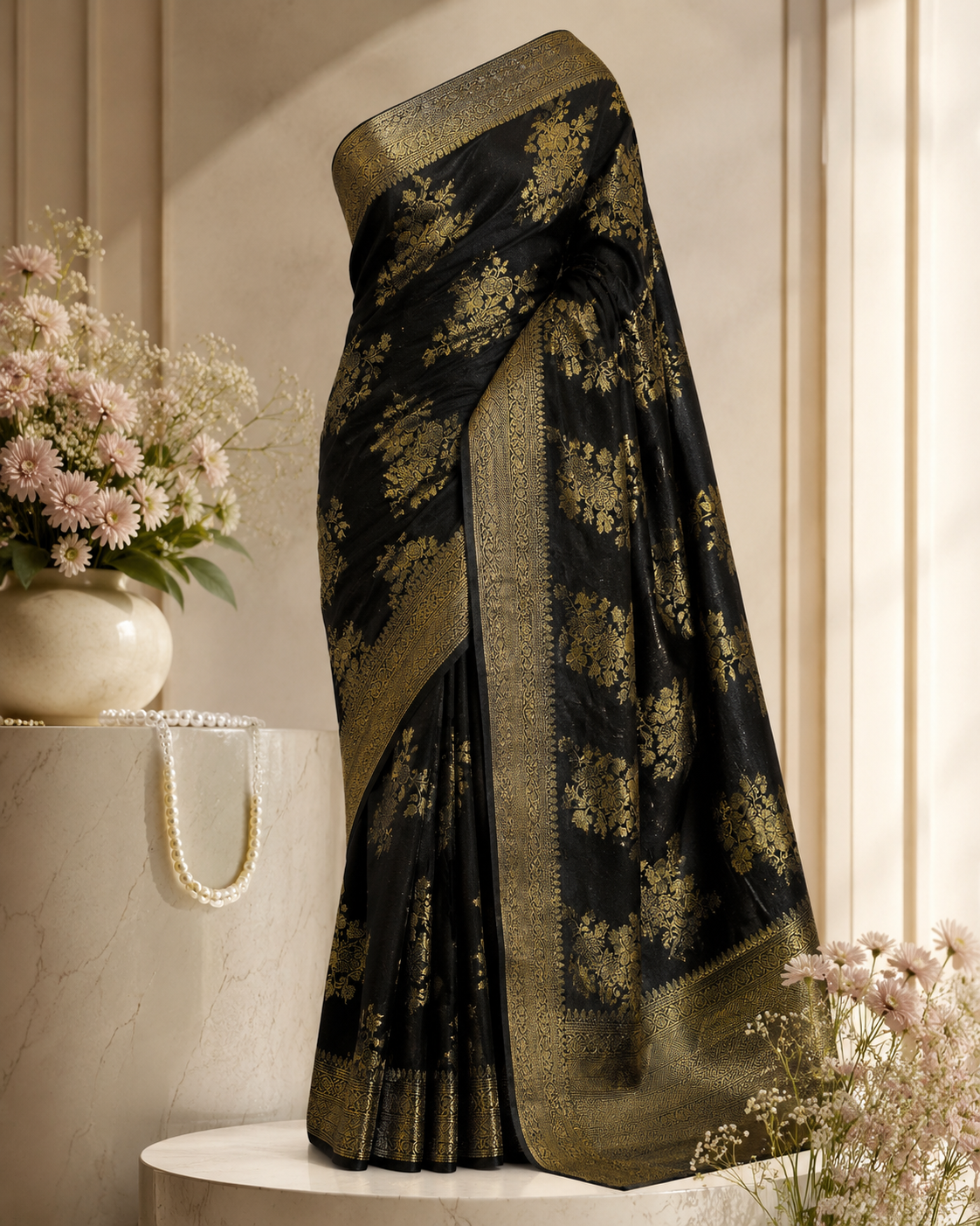 Tridha Silk – Premium Semi Georgette Saree | Black with Golden Zari Work