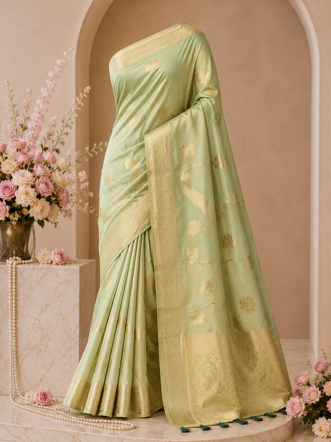 Kendra Silks – Premium Pista Green Viscose Saree with Elegant Golden Border
