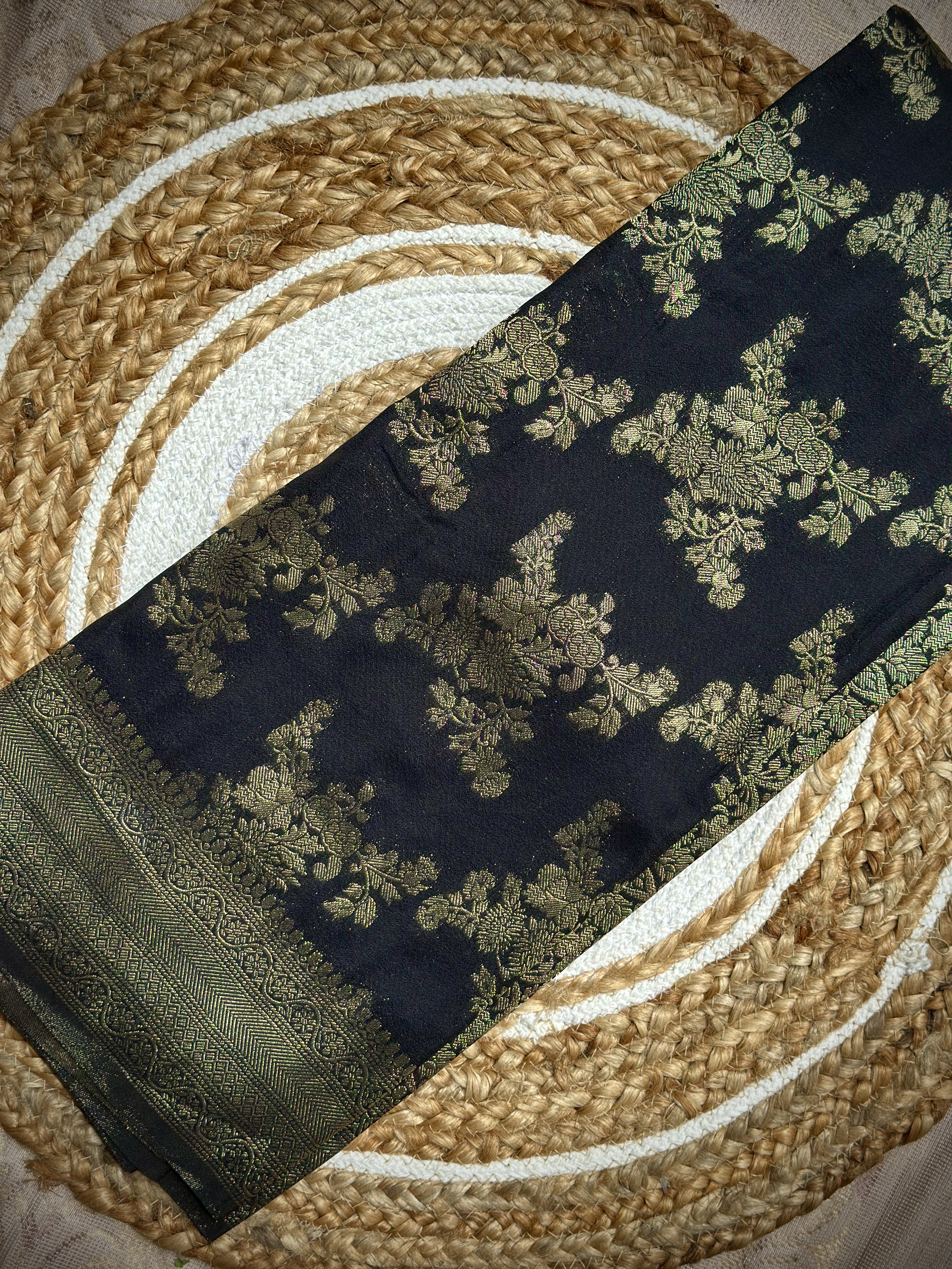 Tridha Silk – Premium Semi Georgette Saree | Black with Golden Zari Work