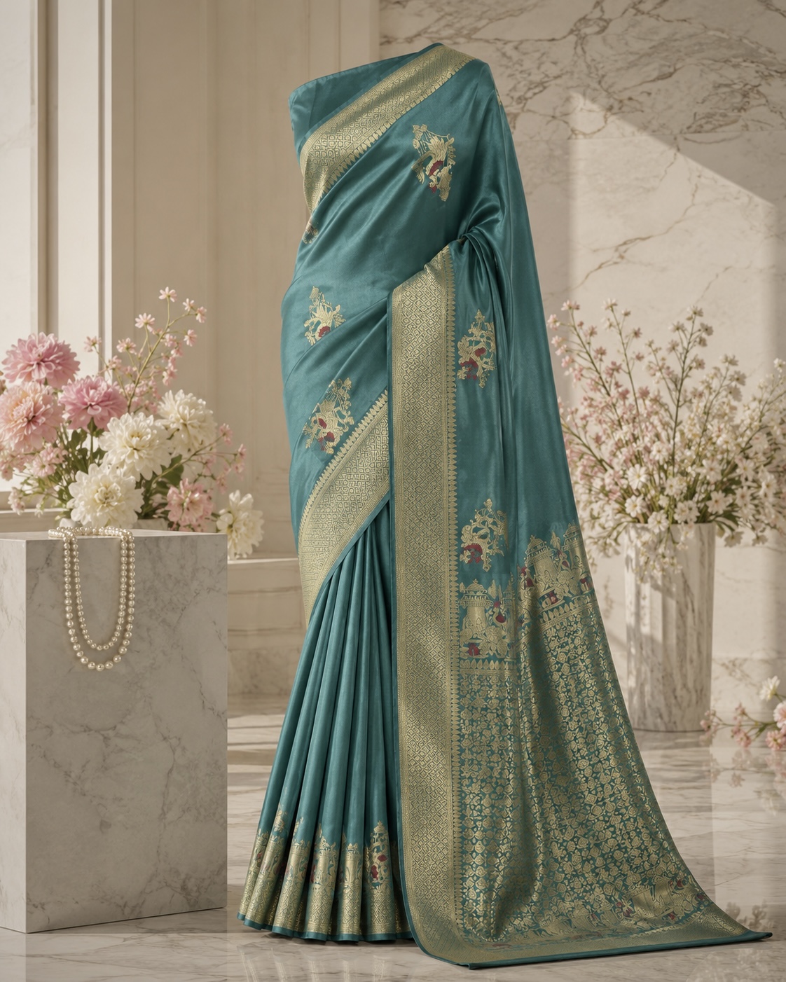 Vijaya Silks – Premium Sea Blue Russian Crepe Saree with Gold & Pink Woven Accents