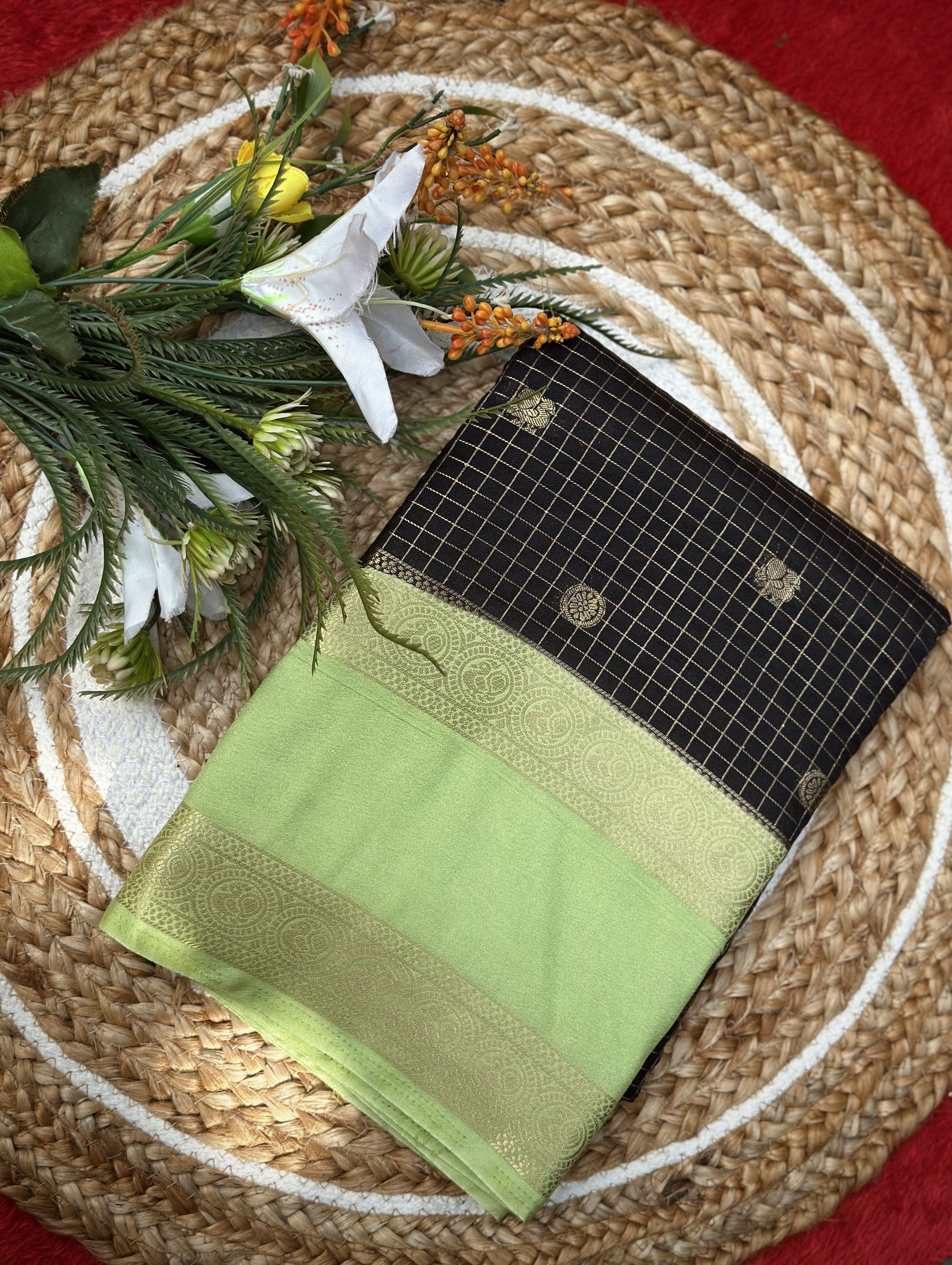 Black Berry Silk – Premium Black Semi Crepe Saree with Pista Green Border