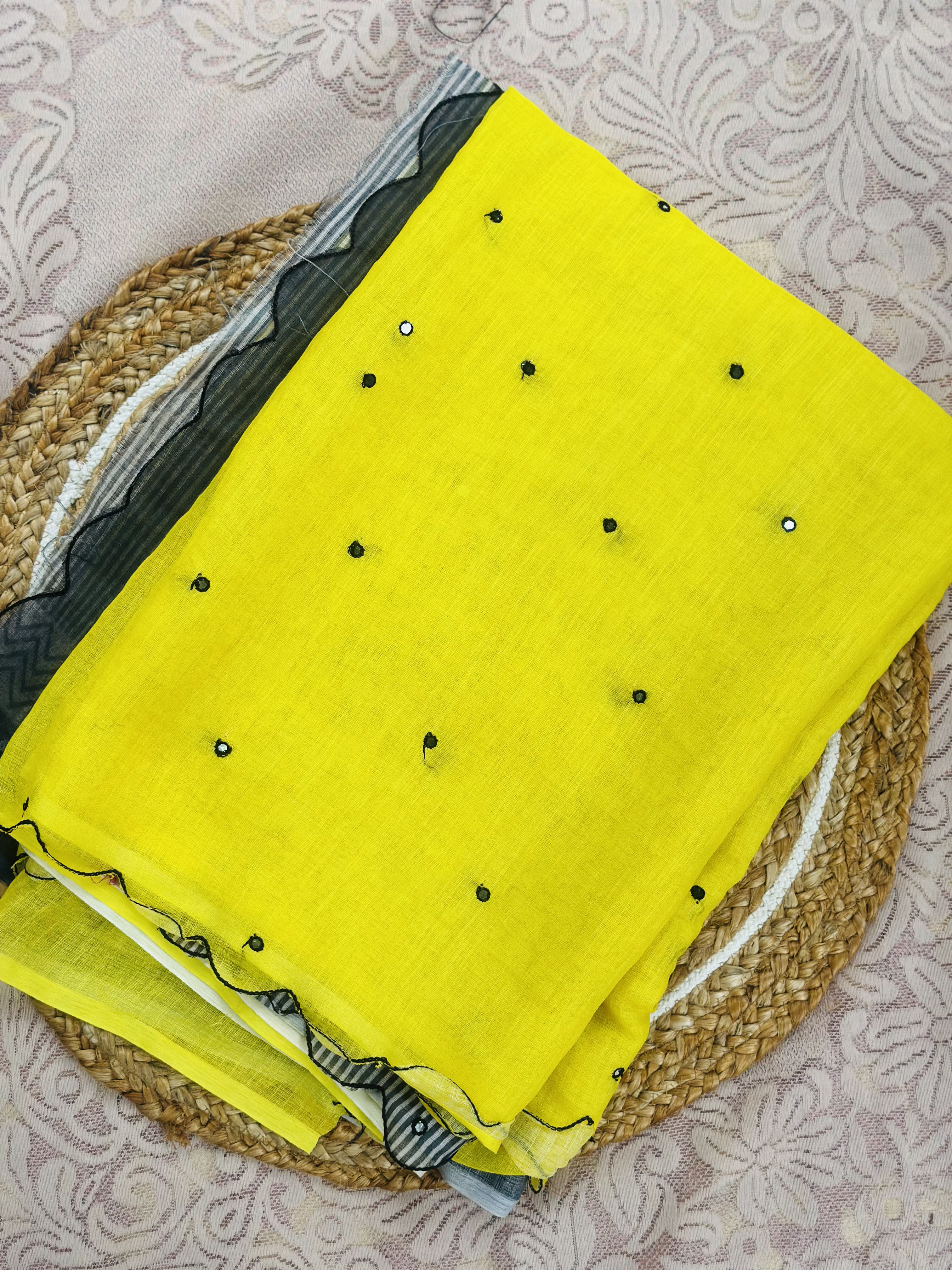 Tridha – Premium Soft Linen Saree | Lemon Yellow with Black Border