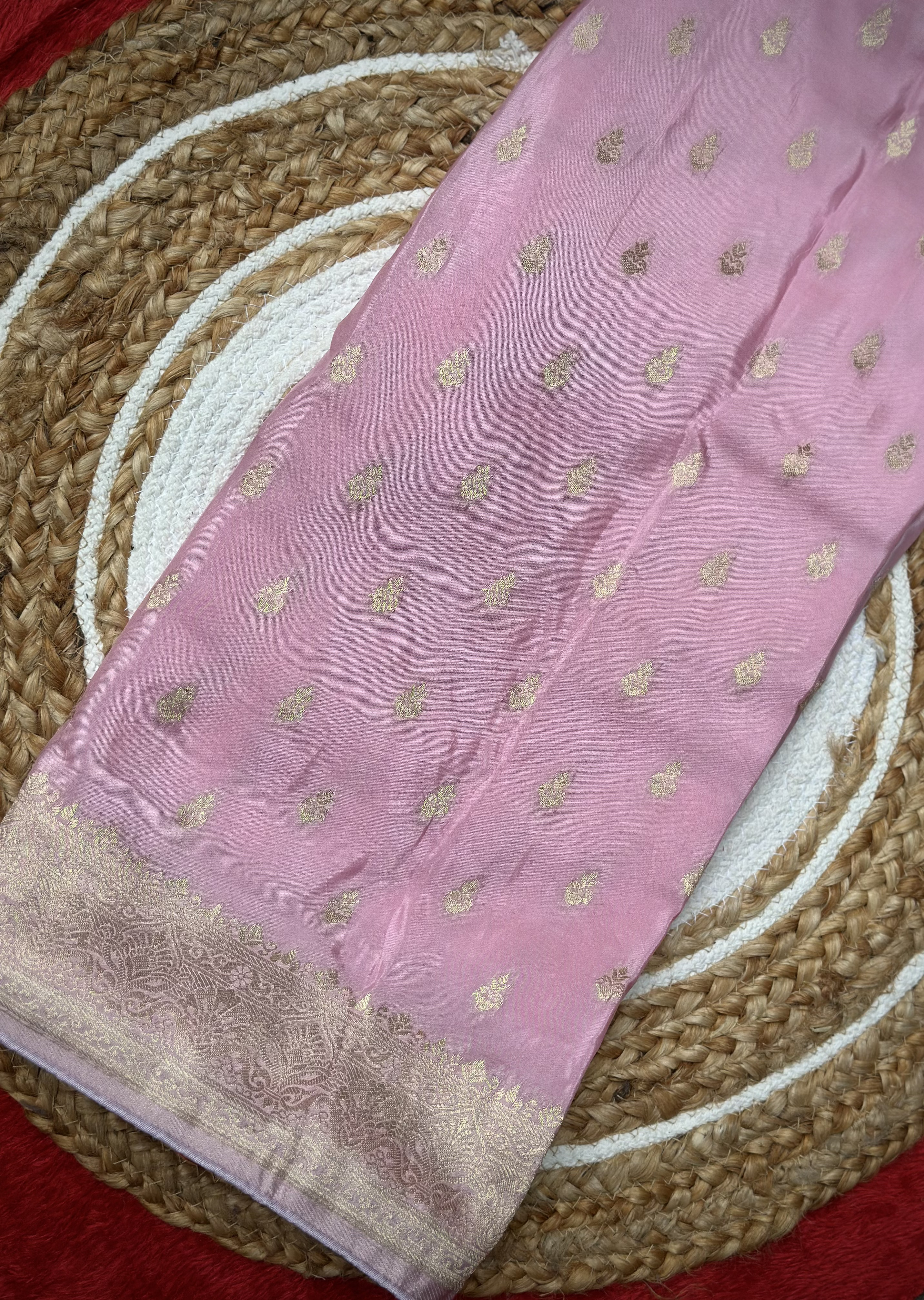 Vijaya Silks – Baby Pink Russian Crepe Saree with Golden Zari