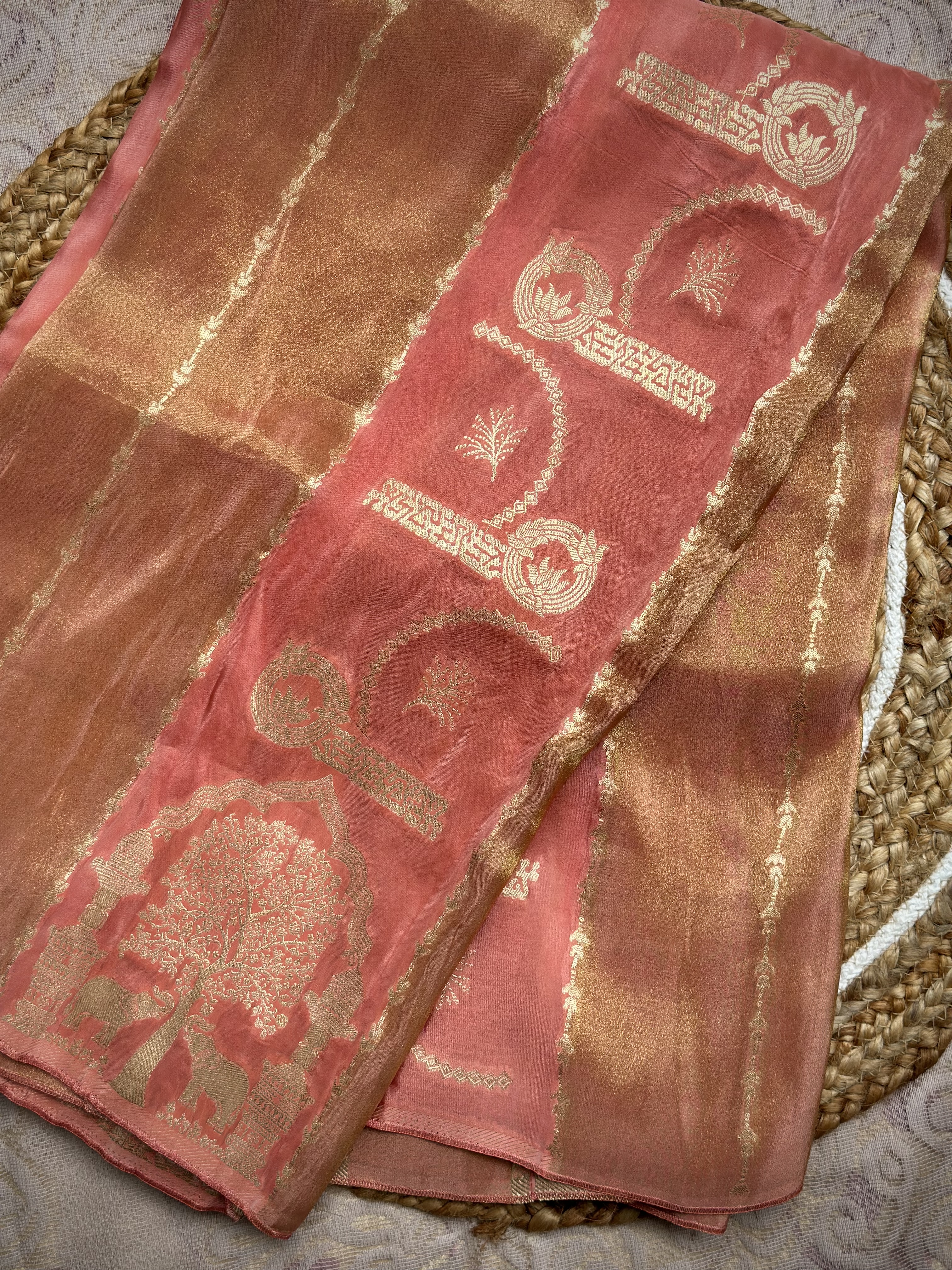 Tridha Silk – Premium Organza Saree | Peach Pink with Golden Zari
