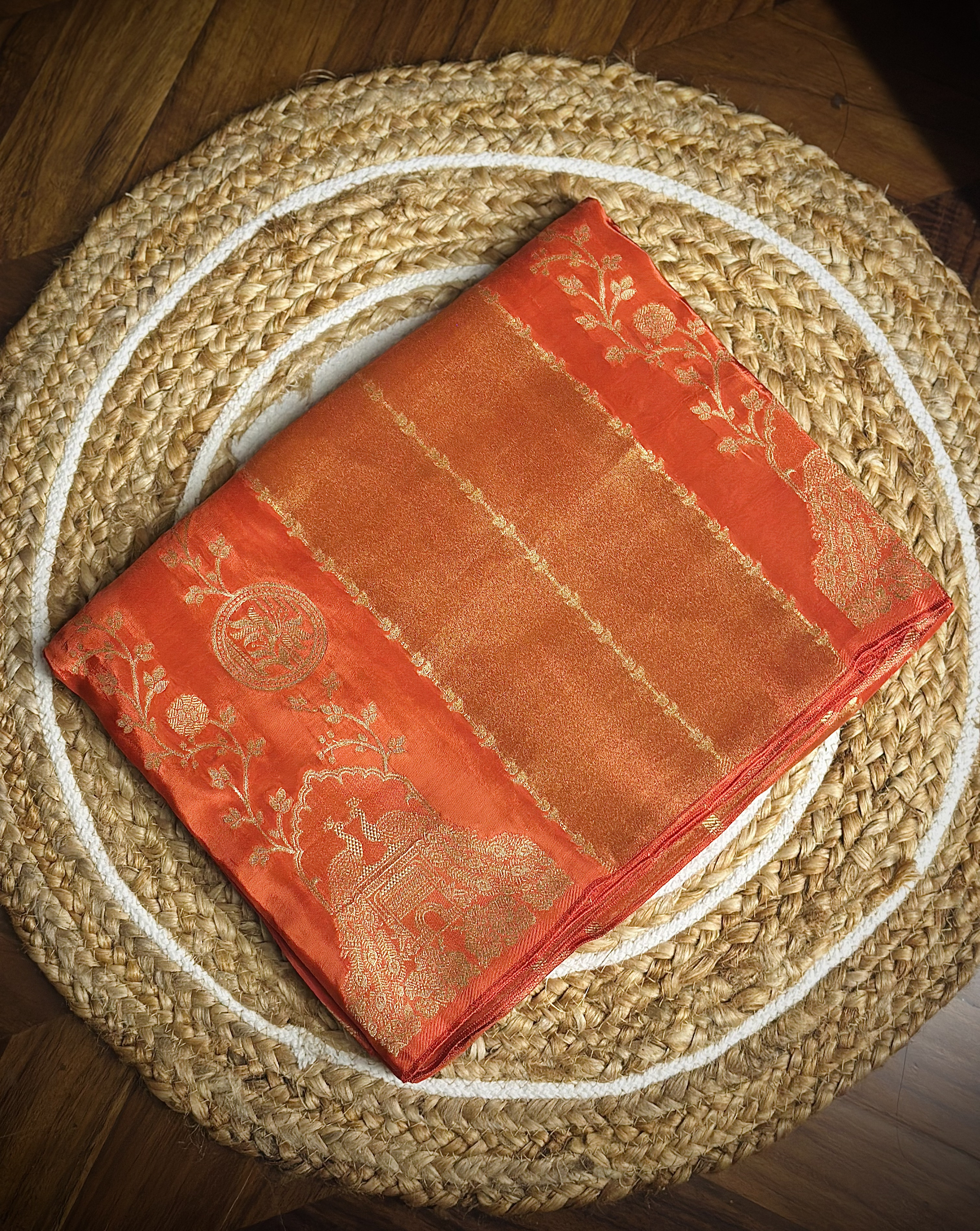Kashish Silk – Premium Rust Orange Organza Saree with Golden Woven Border