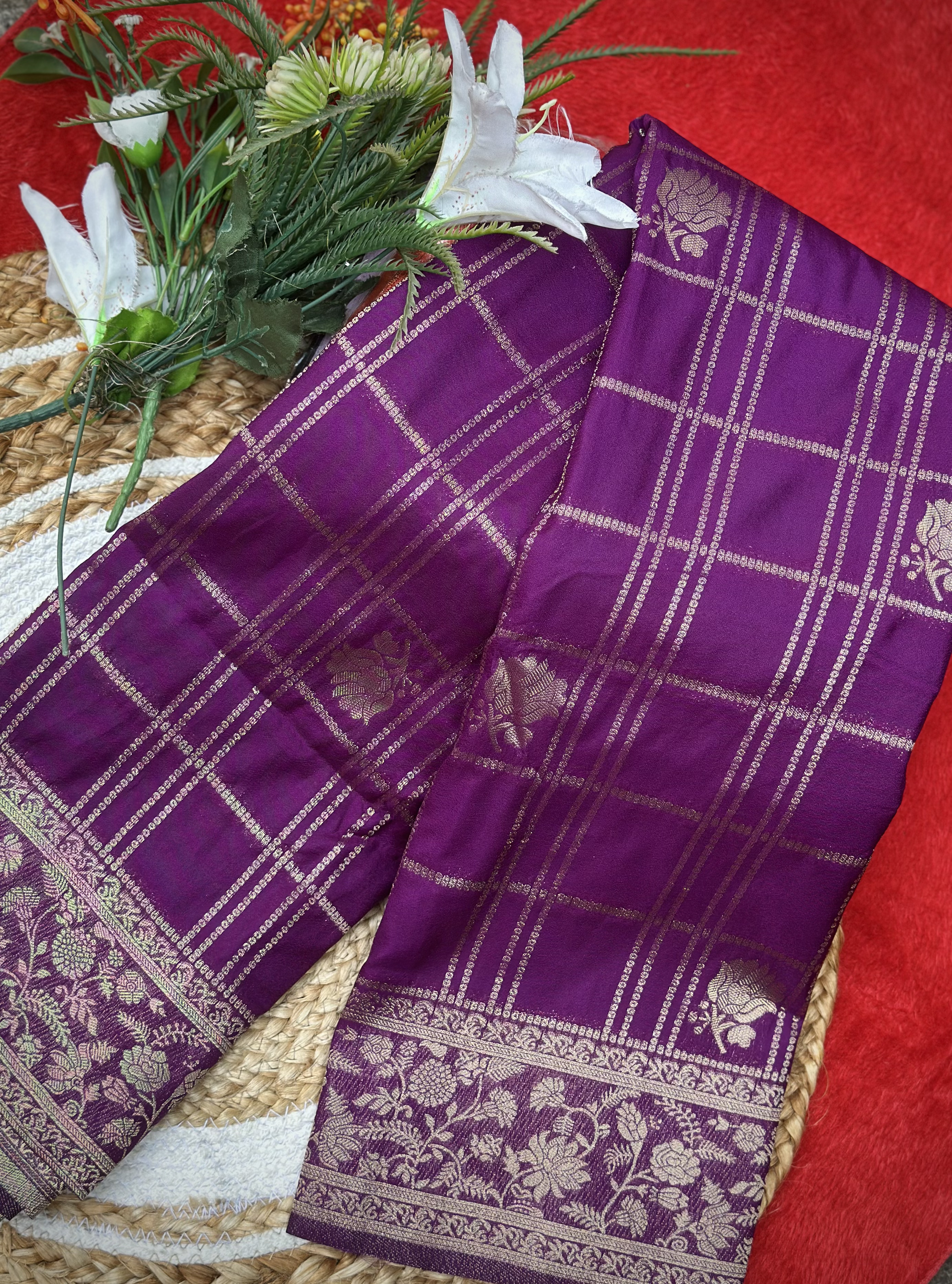 Tridha Silk – Premium Dark Purple Georgette Saree with Golden Checks