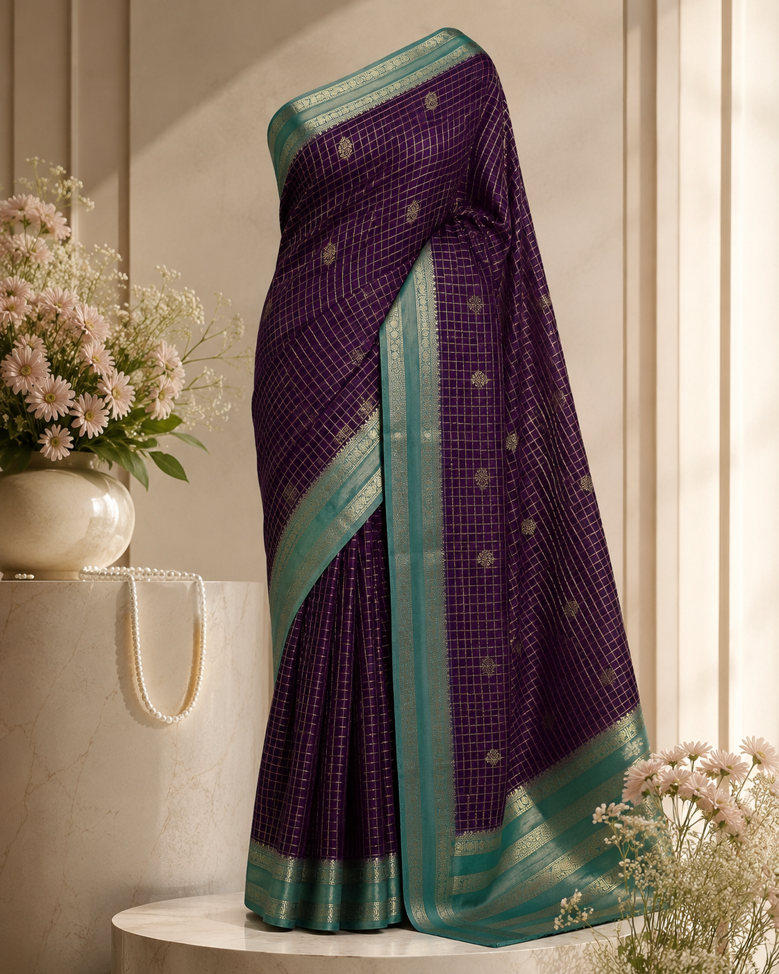 Kashish Silk – Premium Semi Mysore Silk Saree | Purple with Aqua Blue Border