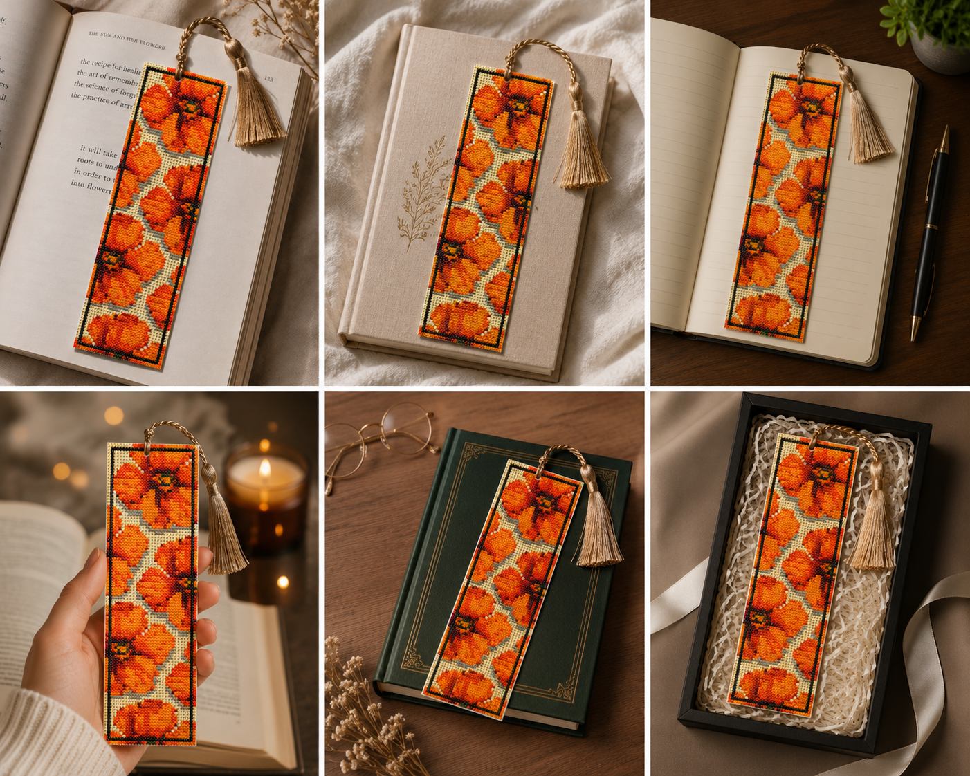 Modern Orange Poppy Bookmark Cross Stitch Pattern PDF | Floral Needlework Chart