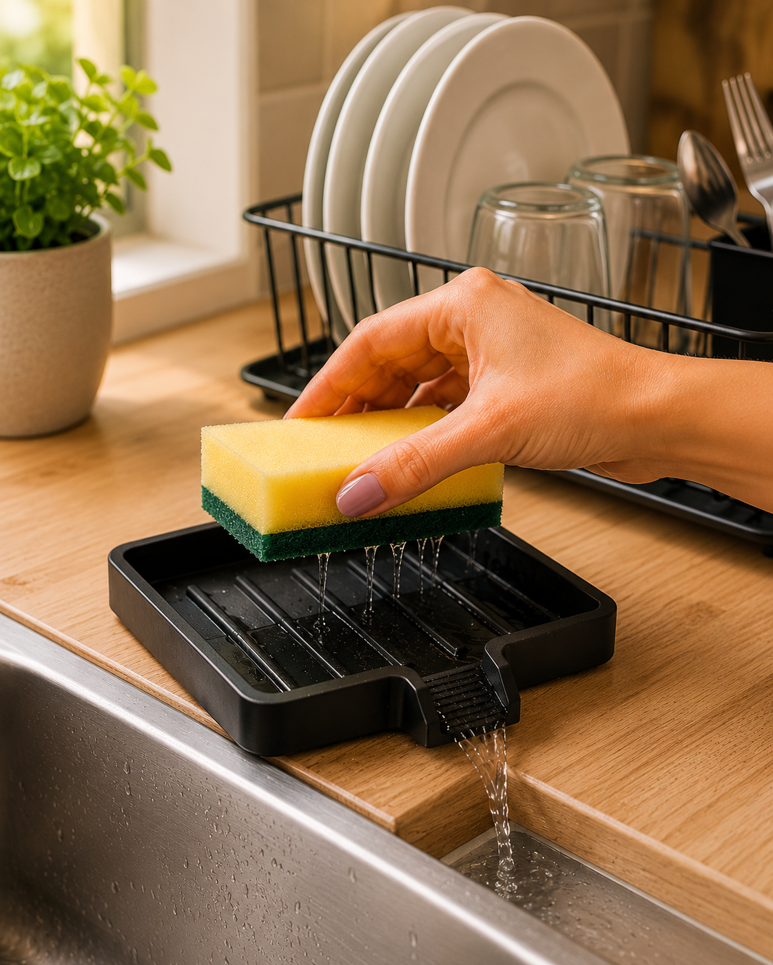 Evite o acúmulo de água na esponja e mantenha sua bancada mais limpa com um suporte prático, moderno e funcional para o dia a dia.