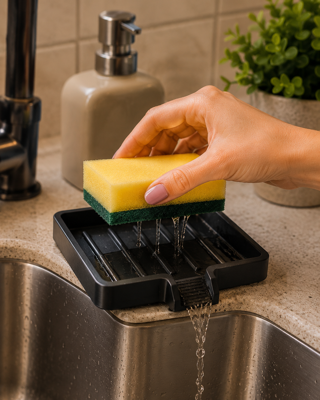 Evite o acúmulo de água na esponja e mantenha sua bancada mais limpa com um suporte prático, moderno e funcional para o dia a dia.
