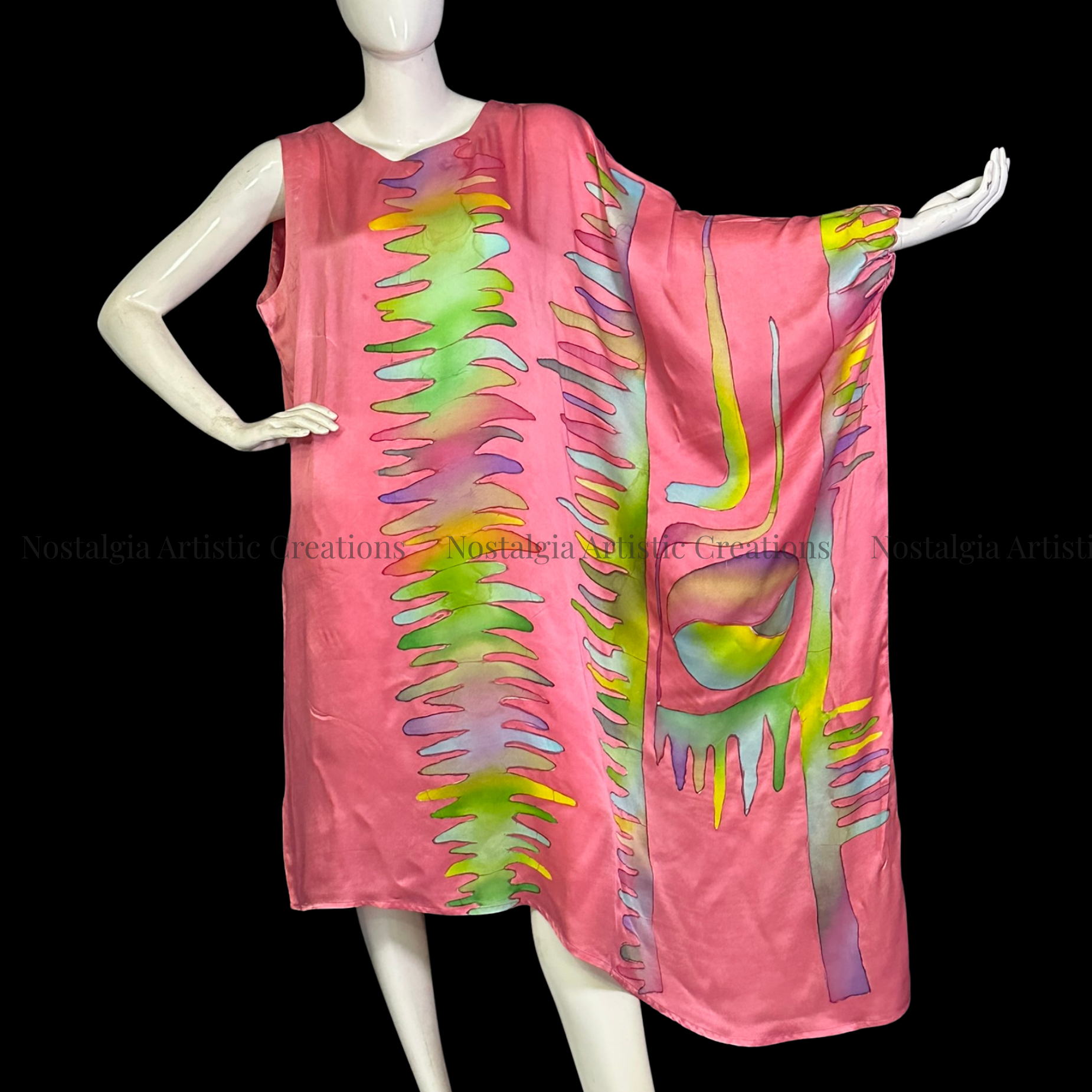 Pink Hand-Painted Batik One-Shoulder Cape Sleeve Dress | Artisan Midi Dress - PS0408
