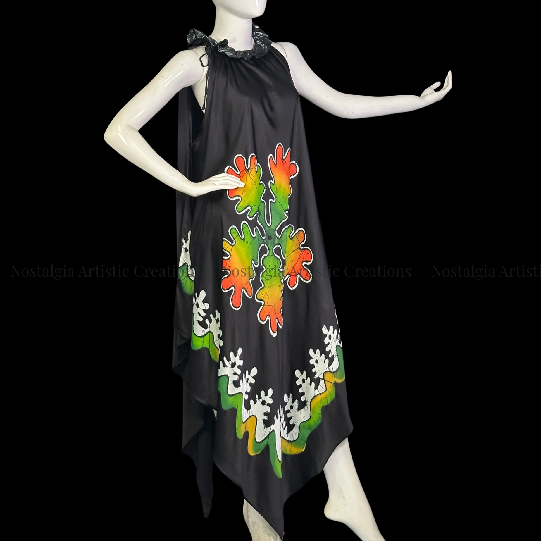 Black Hand-Painted Batik Halter Maxi Dress | Artisan Asymmetrical Resort Dress - PS0410