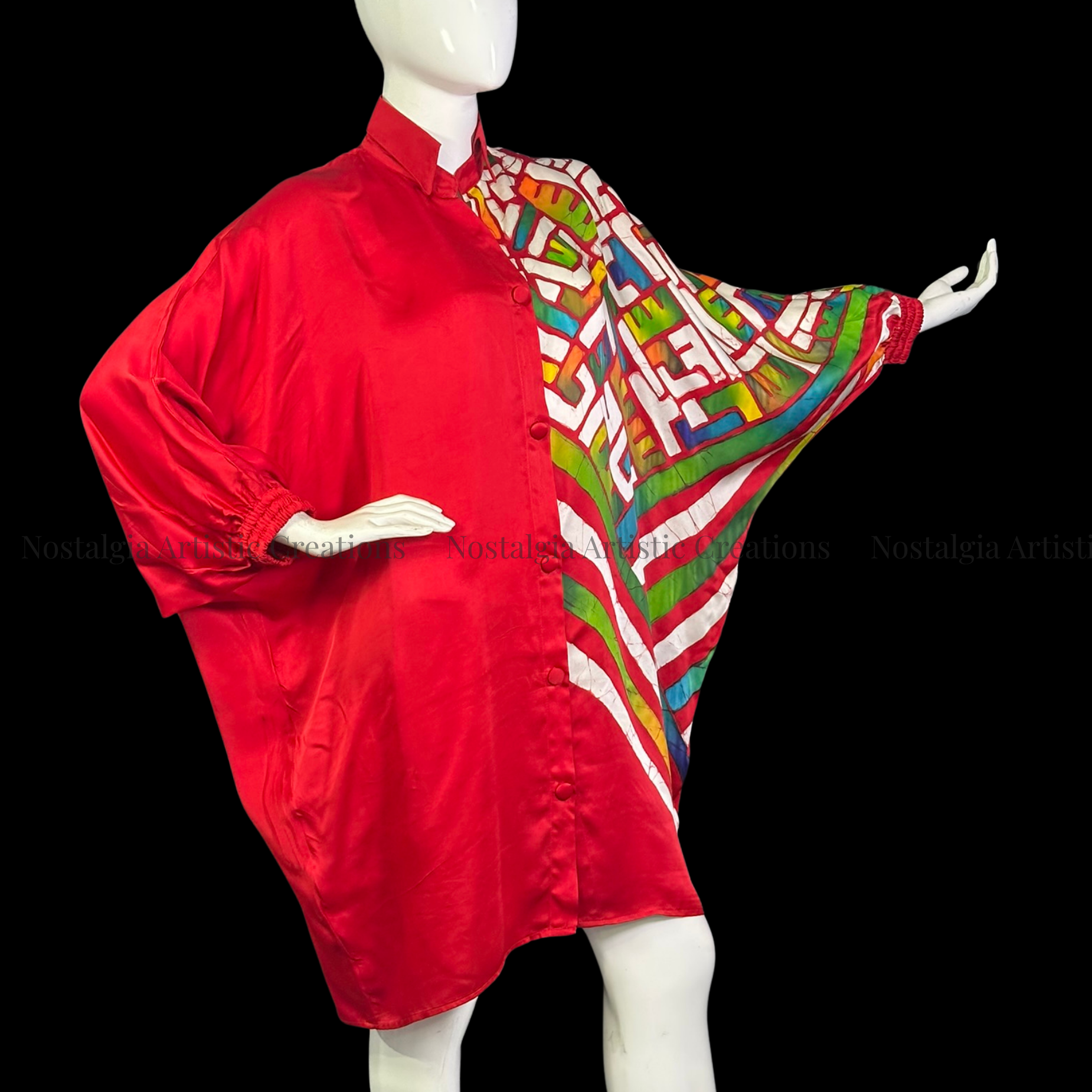 Hand-Painted Batik Red Asymmetrical Batwing Poncho | Oversized Artisan Button-Front Kaftan - PS0416
