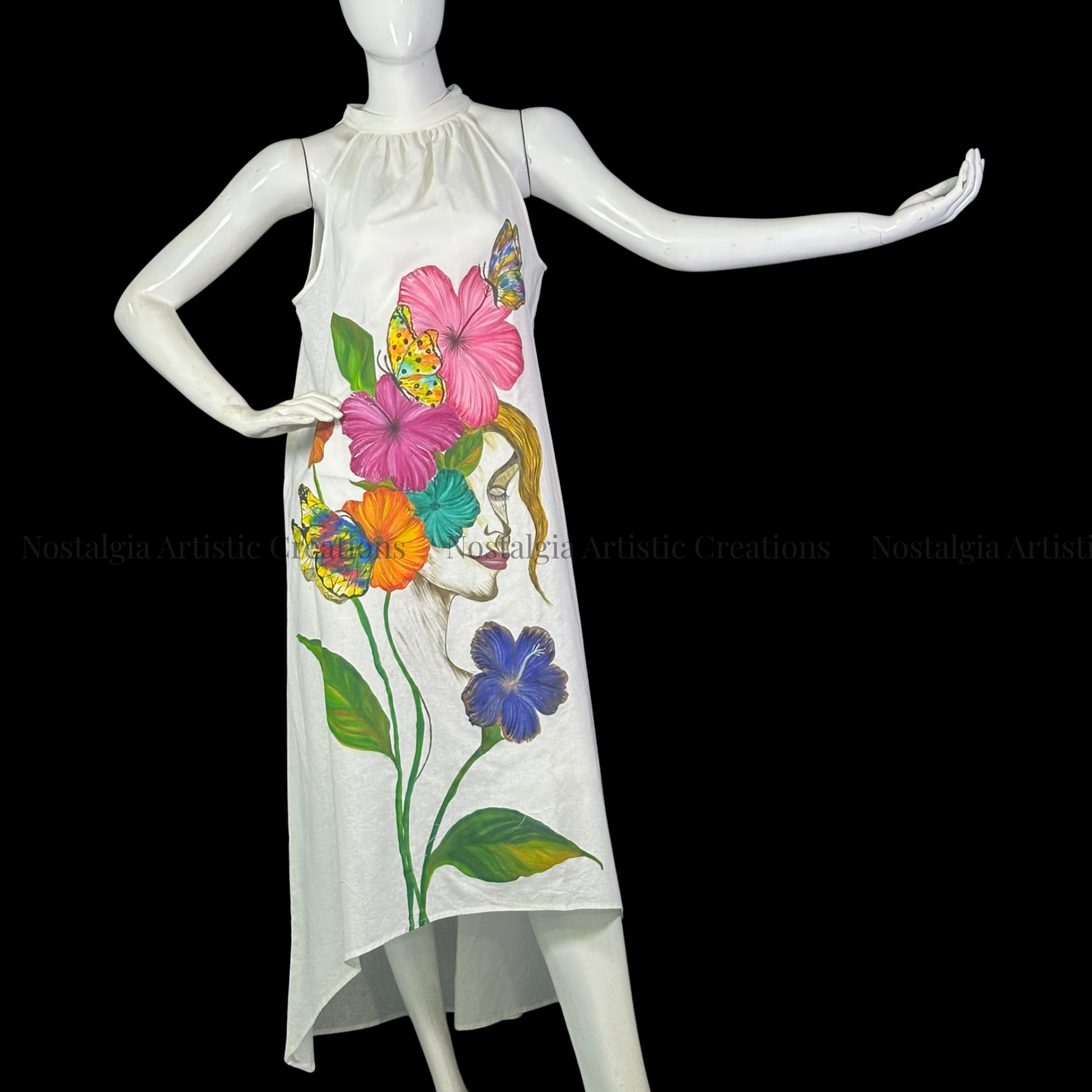 White Floral Linen High-Low Dress with Multicolor Butterfly Design - PL0505