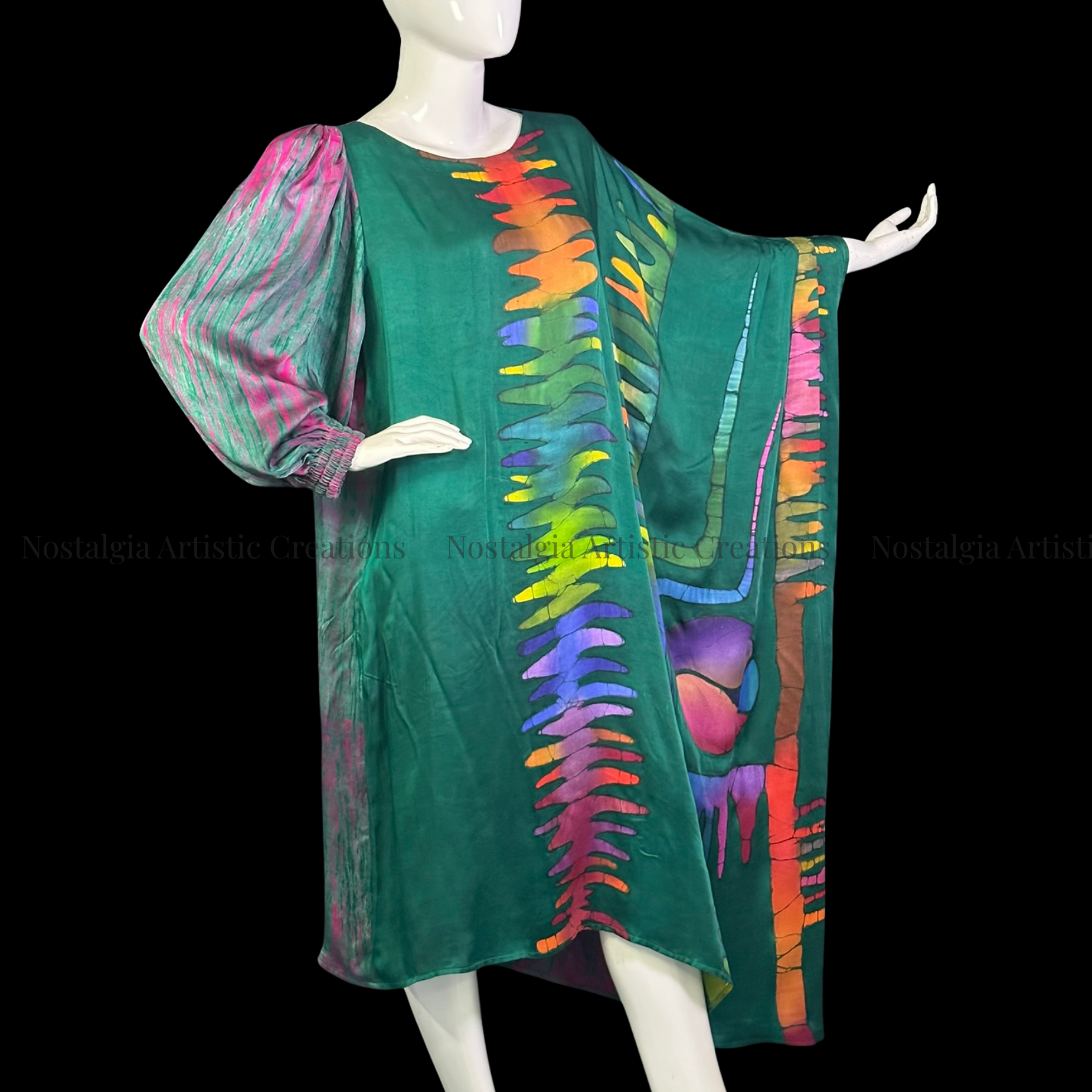 Emerald Green Hand-Painted Batik Asymmetrical Kaftan Dress | Oversized Artisan Statement Dress - PS0413