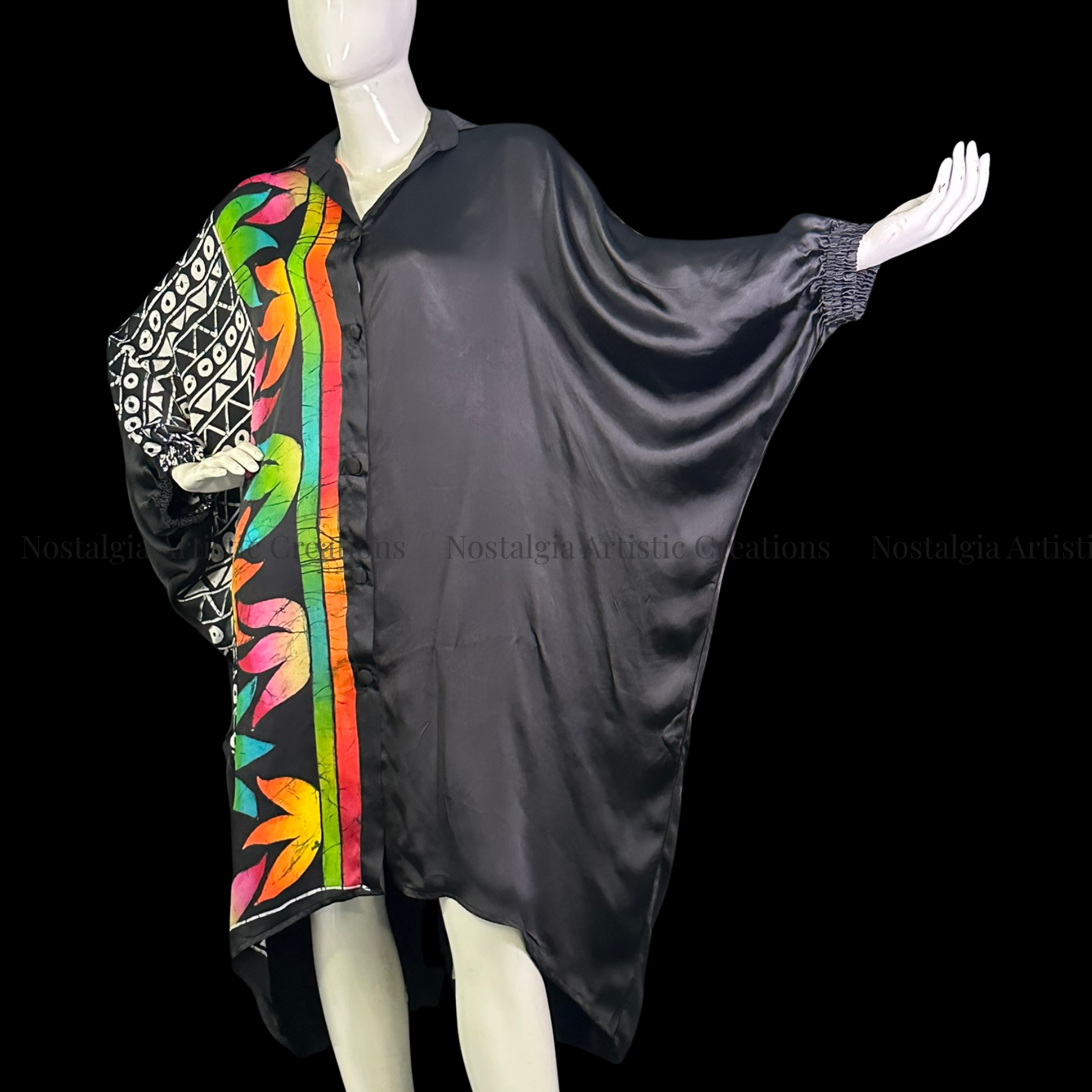 Hand-Painted Batik Black Batwing Poncho Shirt Dress – Oversized Asymmetrical Button-Front Tunic - PS0417