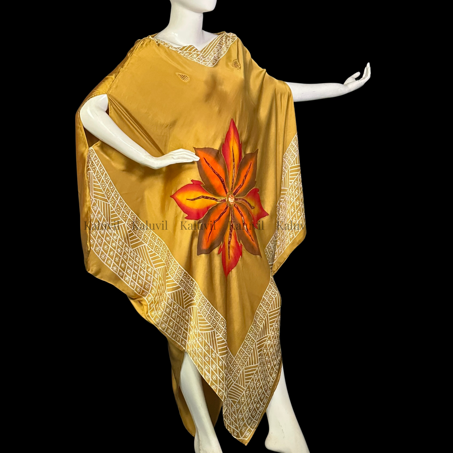 Hand-Painted Batik Kaftan Dress | Mustard Oversized Resort Caftan - PS0402
