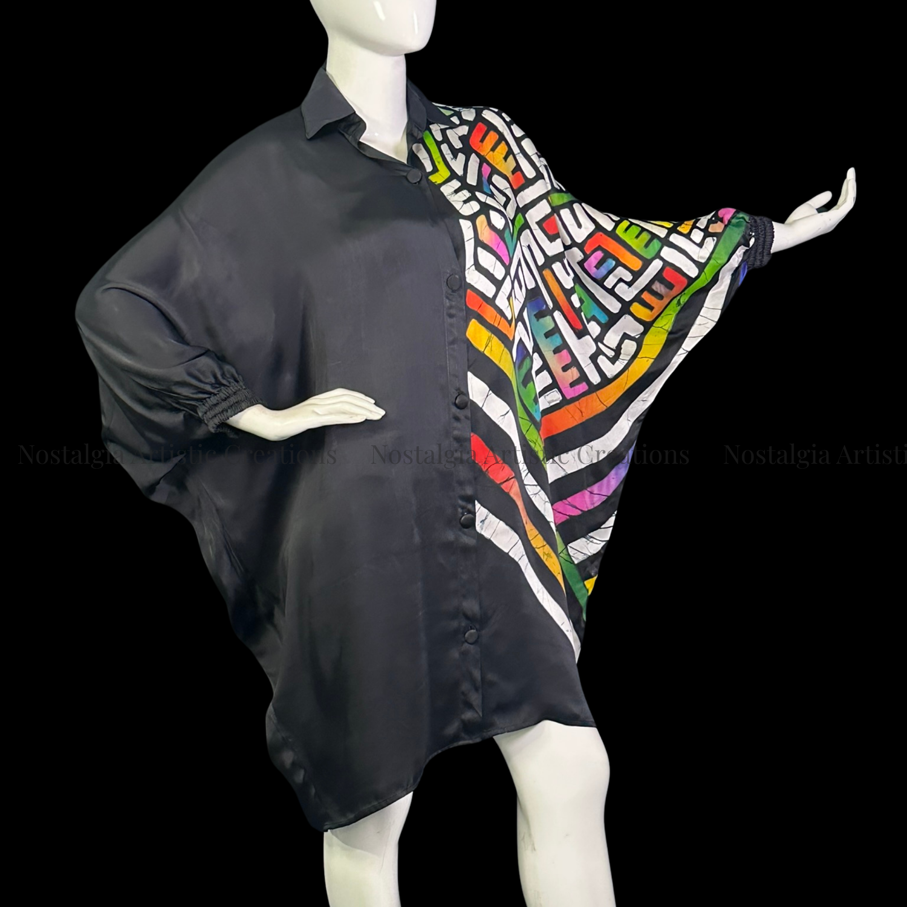 Hand-Painted Batik Black Oversized Poncho | Artisan Geometric Silk Kaftan Top - PS0415