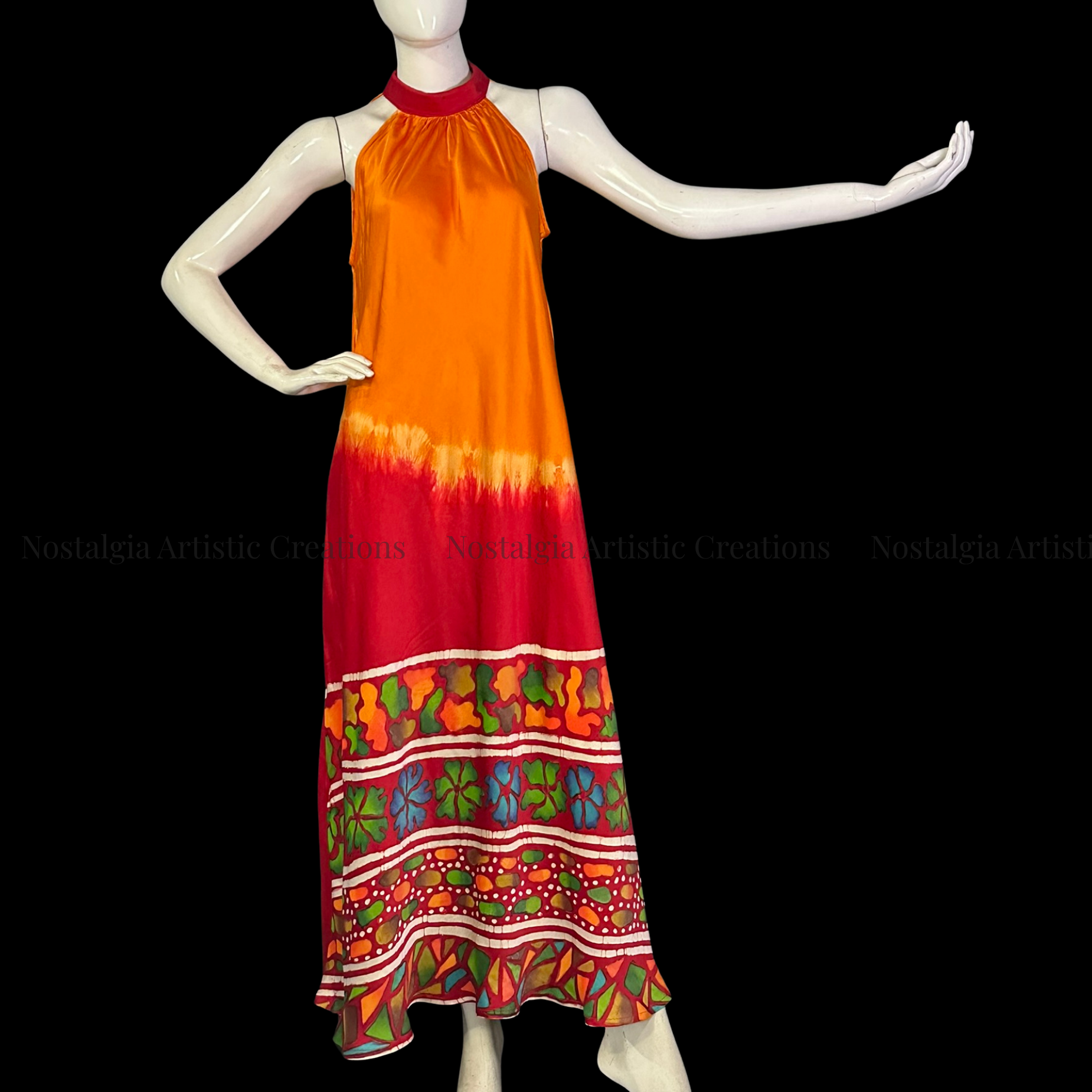 Hand-Painted Batik Orange & Red Halter Maxi Dress - PS0418