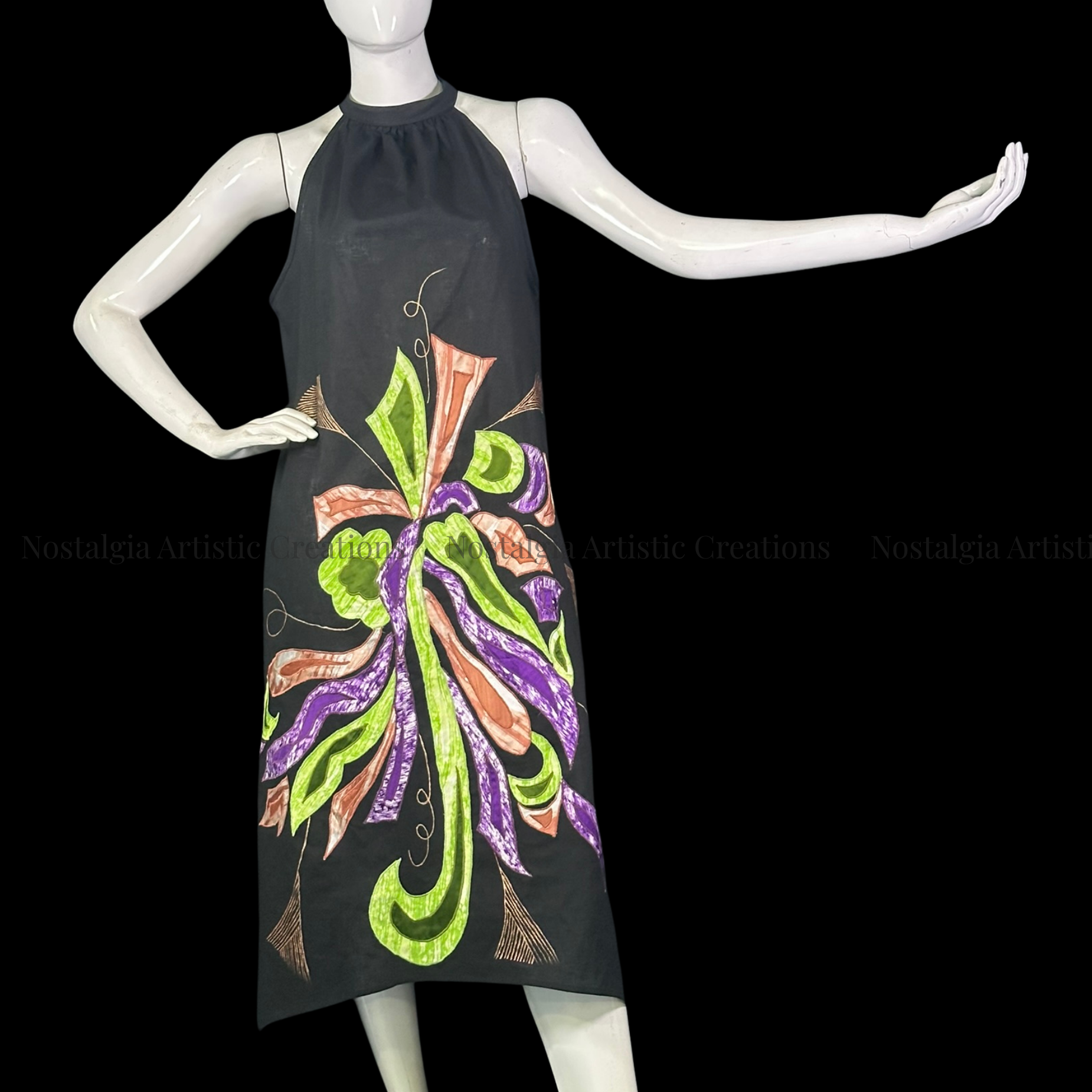 Black Floral High-Low Linen Dress with Green, Purple & Peach Design - PL0502