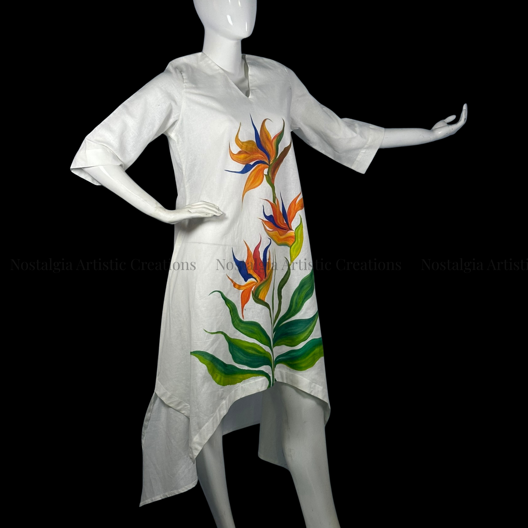 White Hand-Painted Bird of Paradise High-Low Dress - PL0609