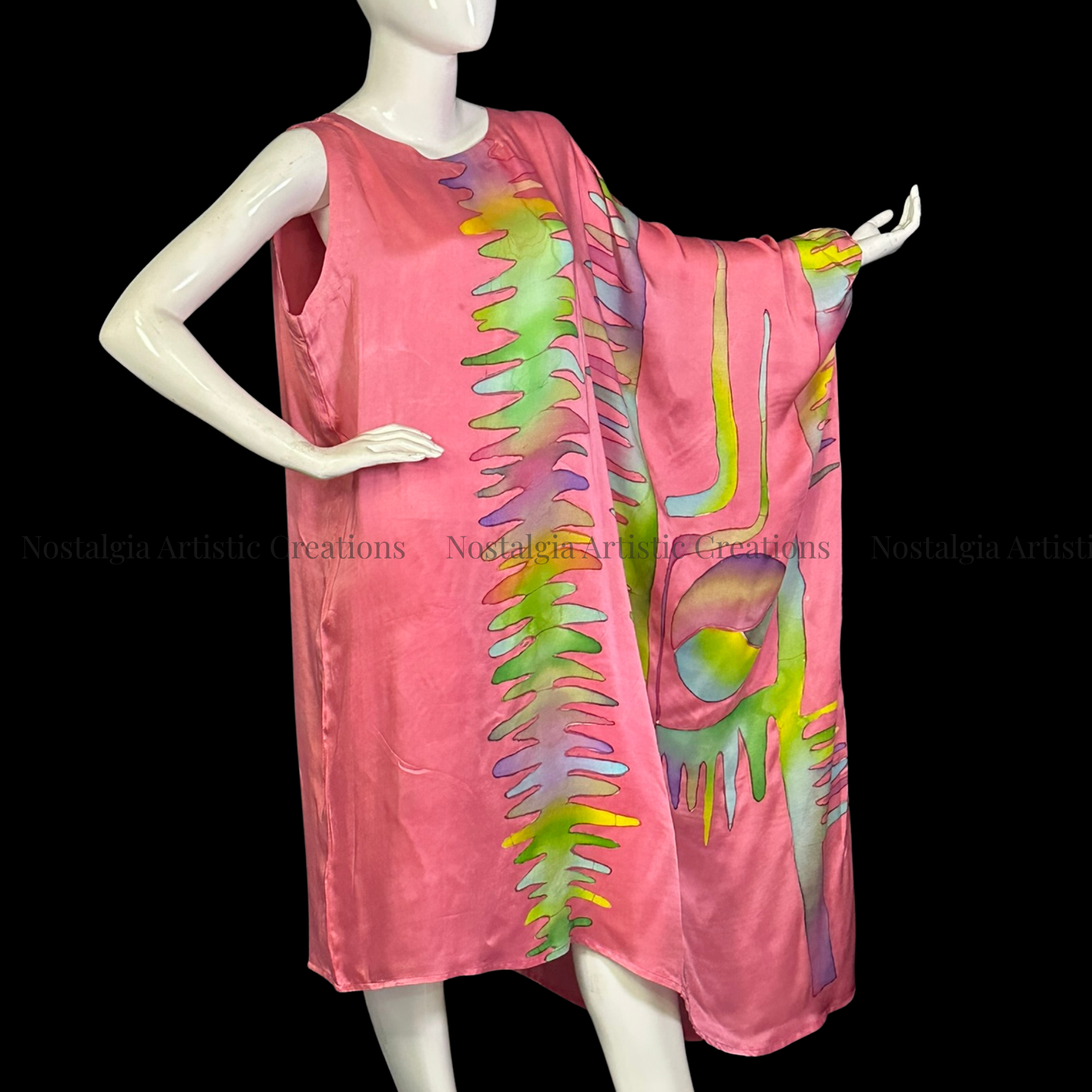 Pink Hand-Painted Batik One-Shoulder Cape Sleeve Dress | Artisan Midi Dress - PS0408