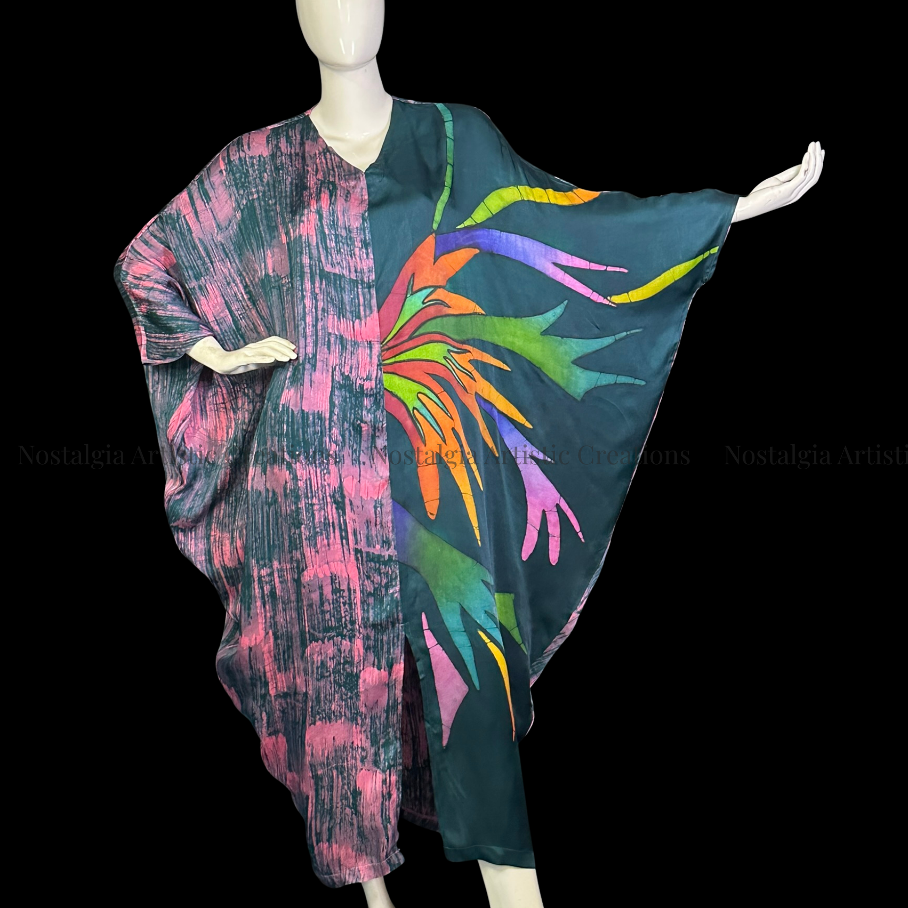 Hand-Painted Batik Asymmetrical Kaftan Dress | Oversized Pink & Charcoal Artisan Caftan - PS0404