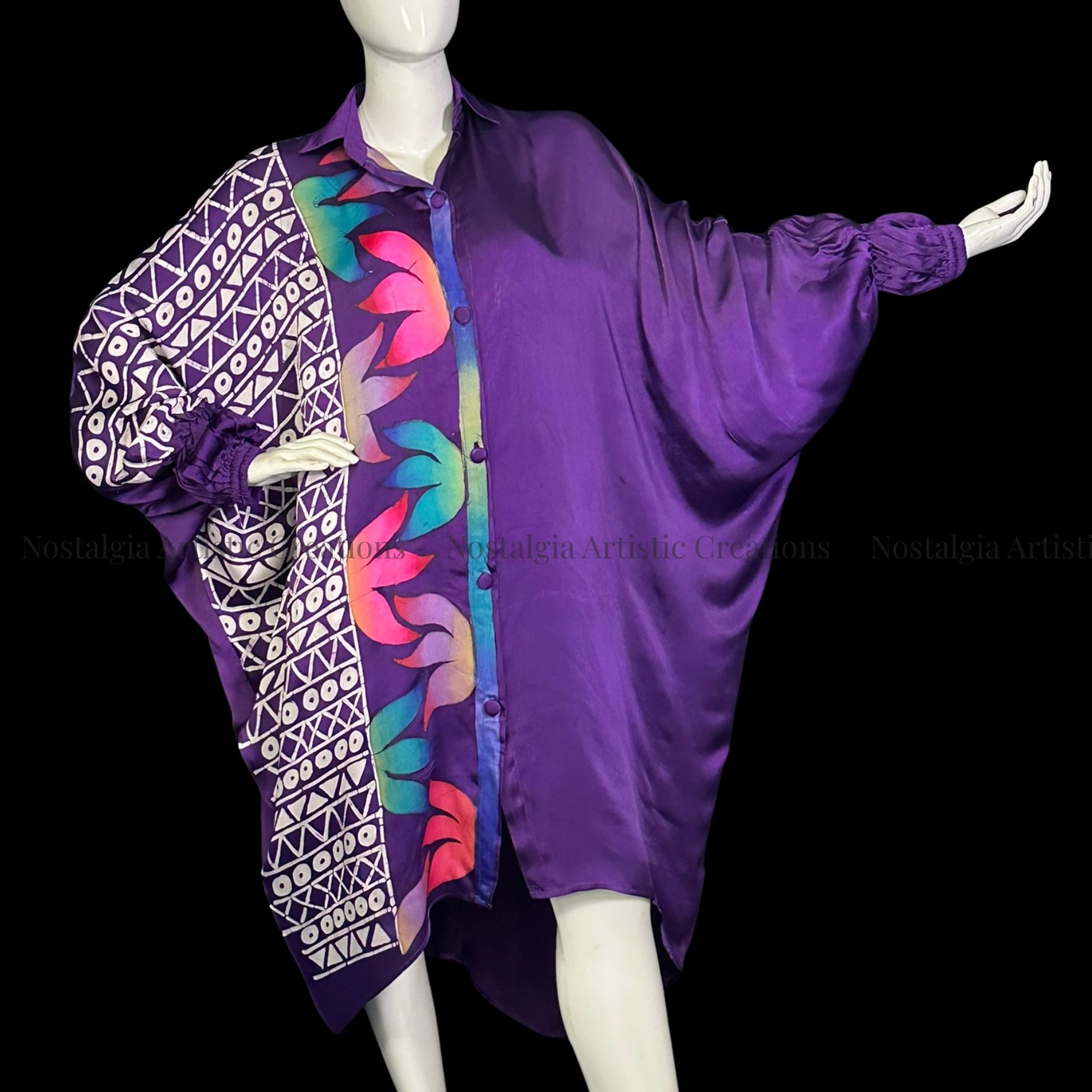 Purple Hand-Painted Batik Oversized Shirt Dress | Artisan One-Size Kaftan Dress - PS0407