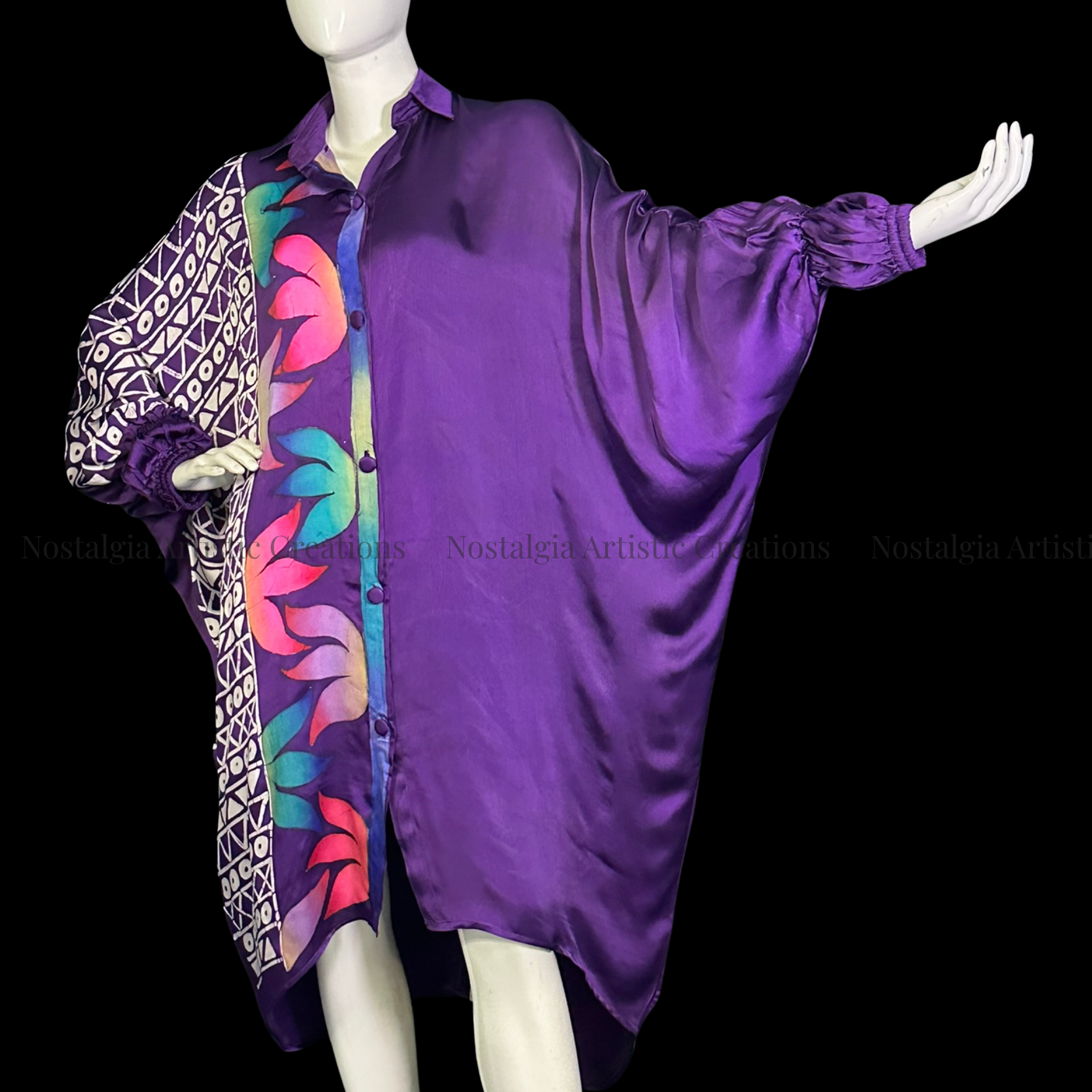 Purple Hand-Painted Batik Oversized Shirt Dress | Artisan One-Size Kaftan Dress - PS0407