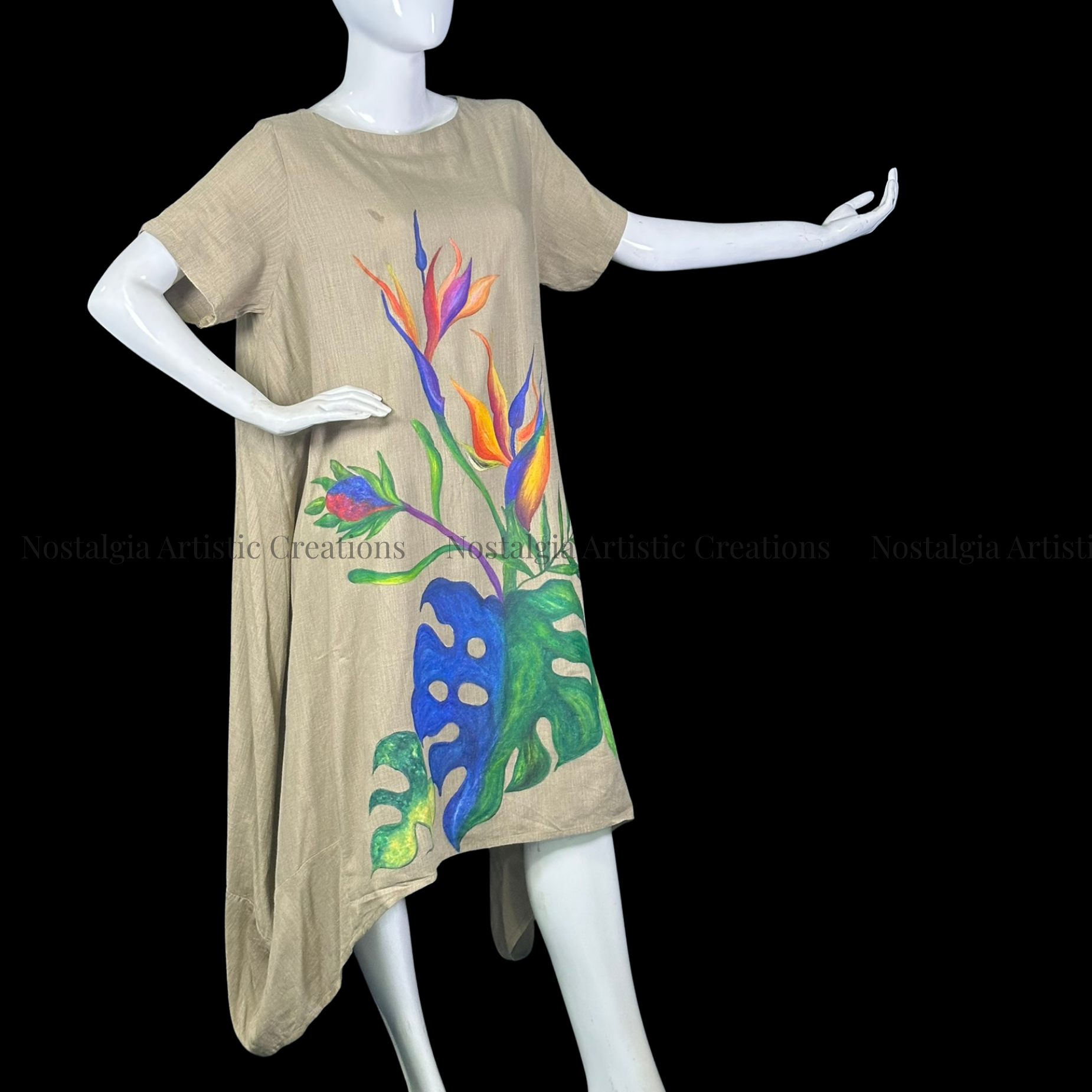 Beige Tropical Bird of Paradise Linen High-Low Dress - PL0510