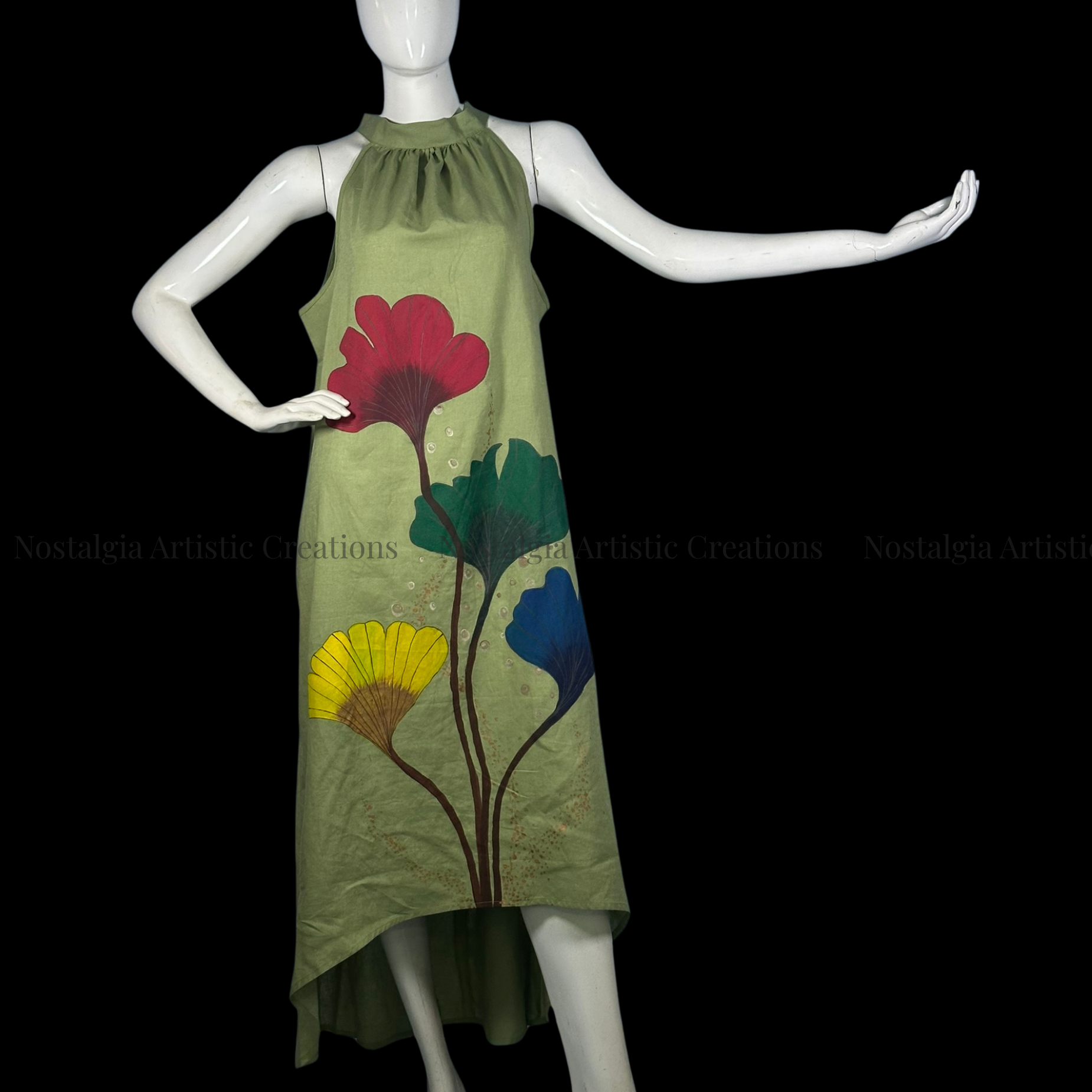 Olive Green Botanical High-Low Dress - PL0608