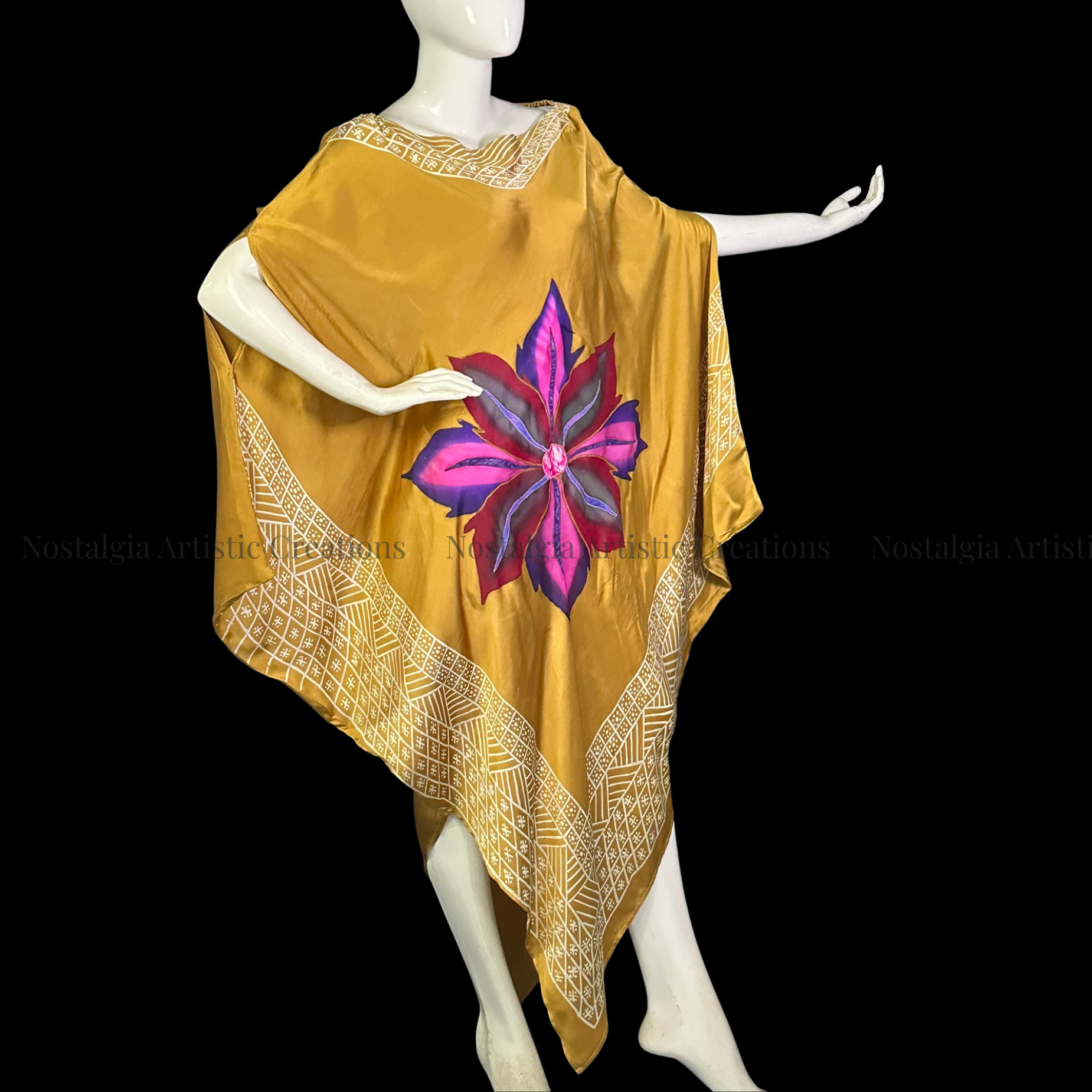 Golden Mustard Hand-Painted Batik Kaftan Dress | Oversized Artisan Poncho Dress - PS0414