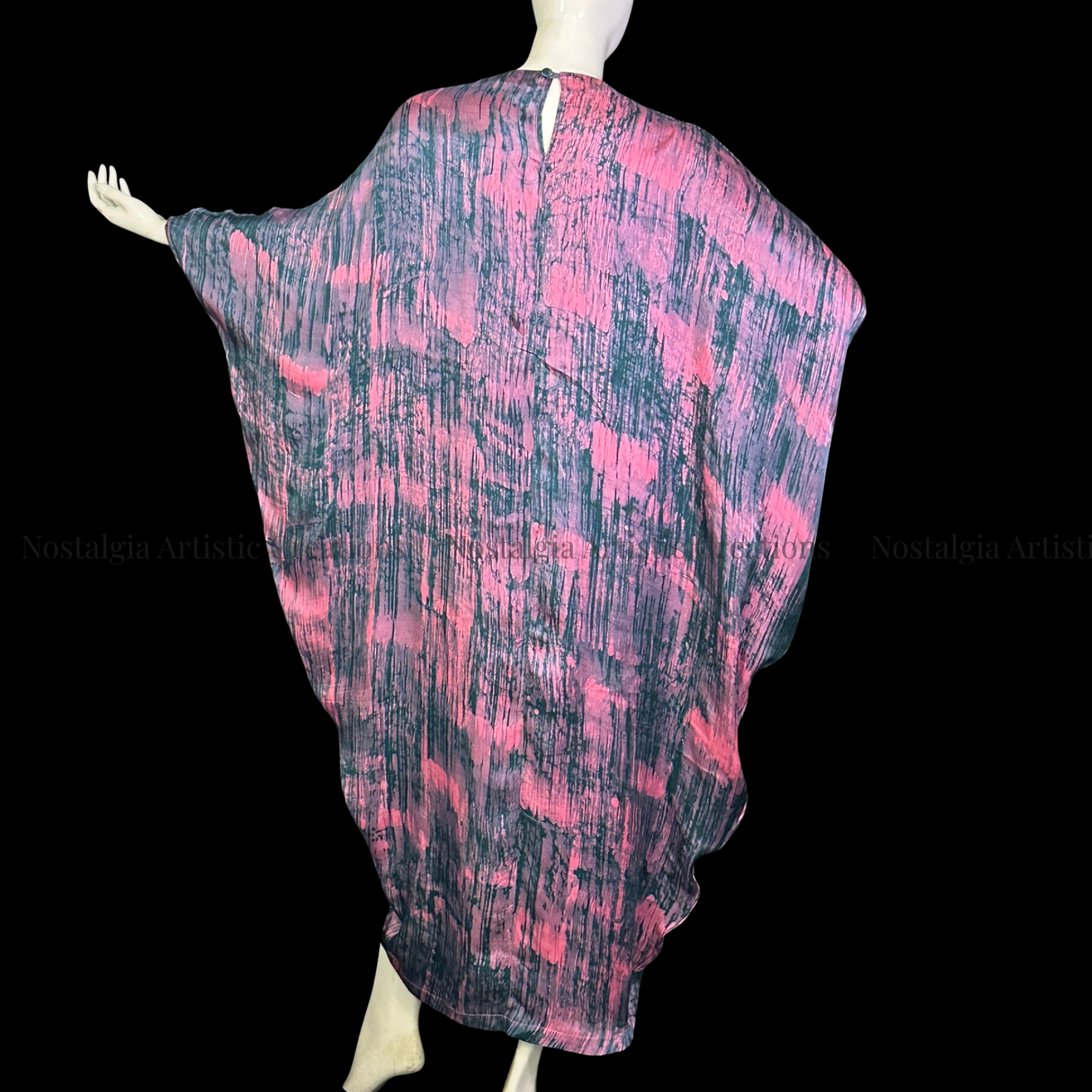 Hand-Painted Batik Asymmetrical Kaftan Dress | Oversized Pink & Charcoal Artisan Caftan - PS0404