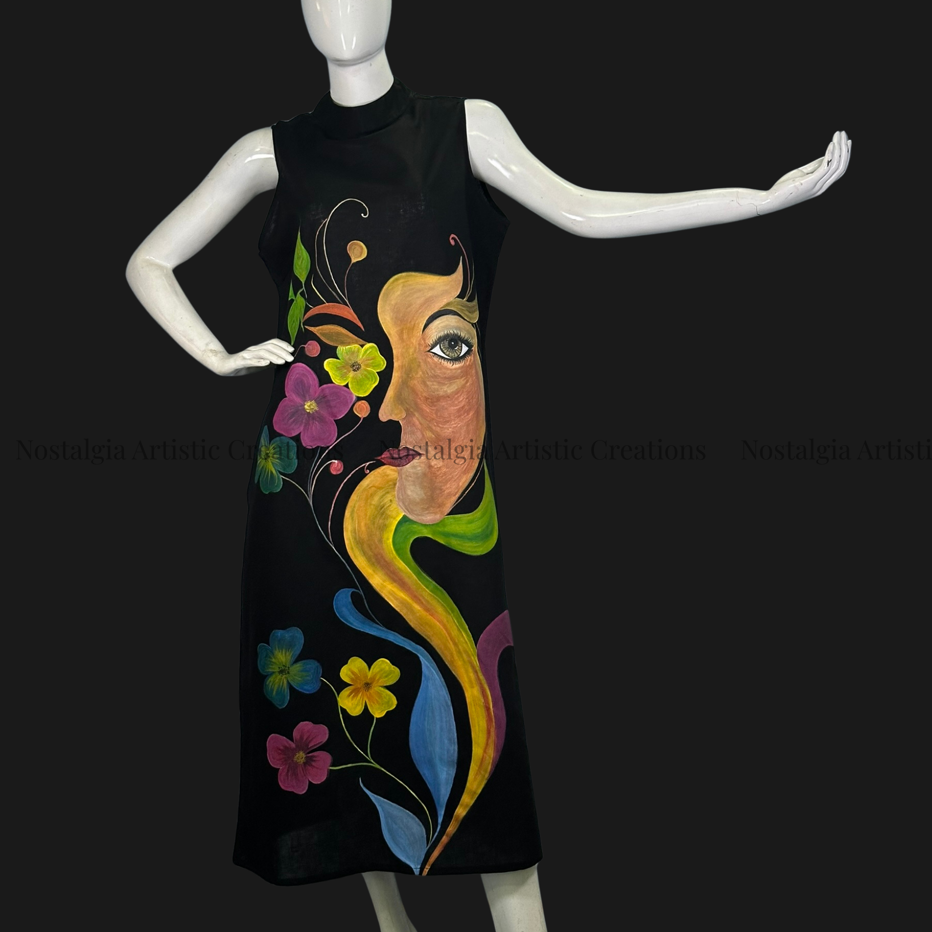 Midnight Floral Portrait Sleeveless Shift Midi Dress - PL0603