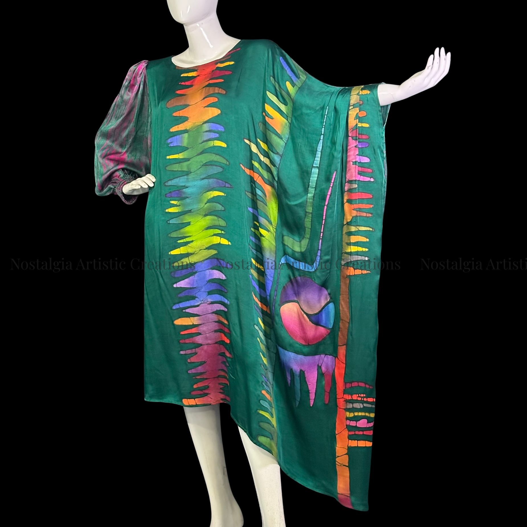Emerald Green Hand-Painted Batik Asymmetrical Kaftan Dress | Oversized Artisan Statement Dress - PS0413