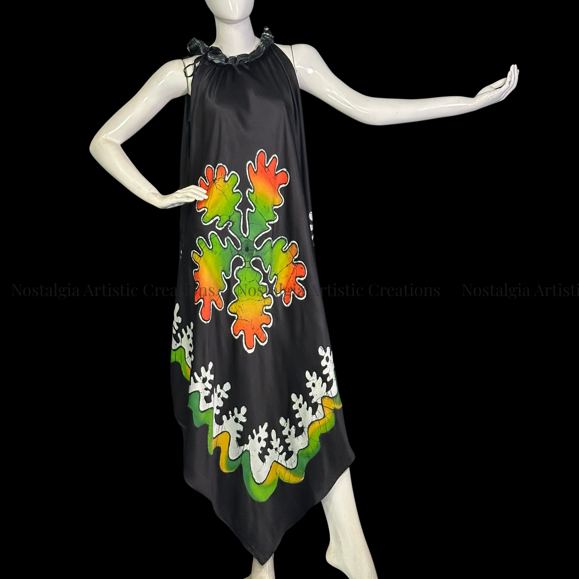 Black Hand-Painted Batik Halter Maxi Dress | Artisan Asymmetrical Resort Dress - PS0410